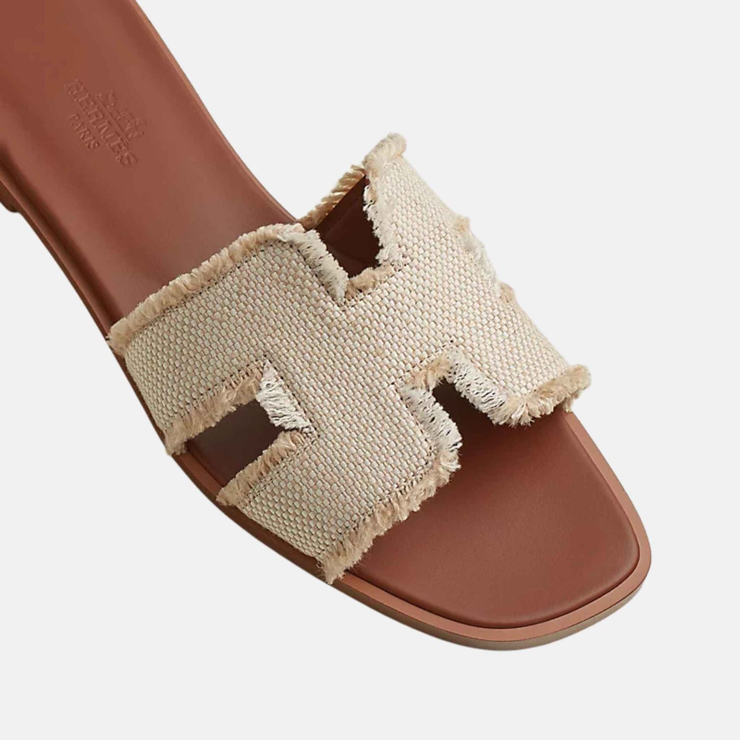 Hermes Oran Sandal Fringed Linen, Beige, Top View