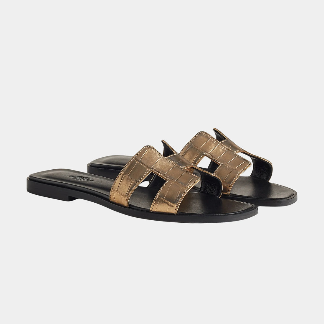 Hermes Oran Sandal in Alligator Skin with Metallic Finish, Dore Fonce, Front