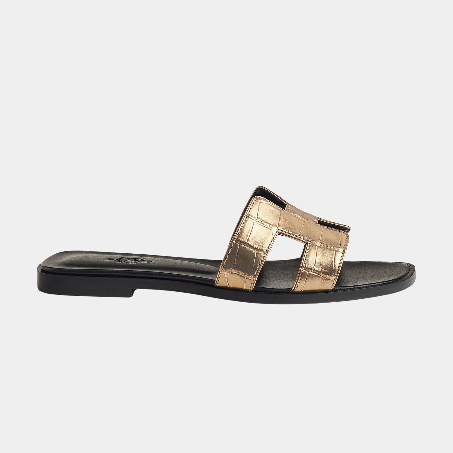 Hermes Oran Sandal in Alligator Skin with Metallic Finish, Dore Fonce, Side