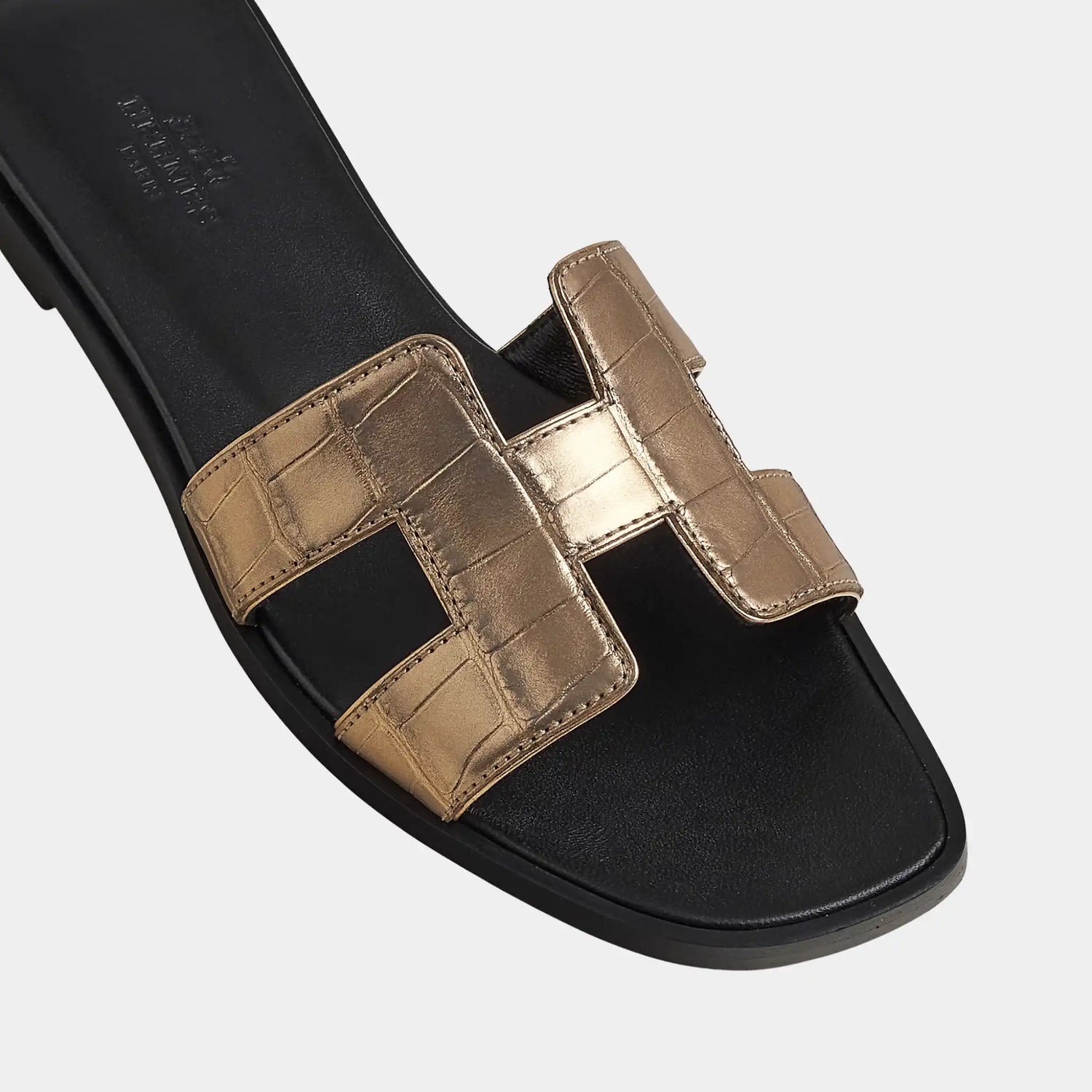 Hermes Oran Sandal in Alligator Skin with Metallic Finish, Dore Fonce, Top