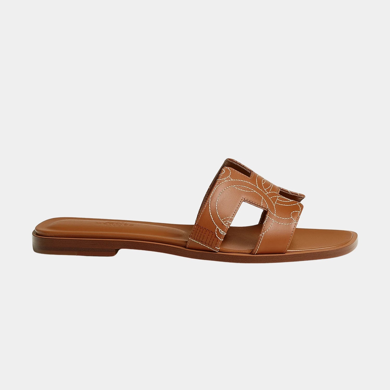 Hermes Oran Sandal in Panoplie Equestre Embroidered Calfskin, Naturel, Side