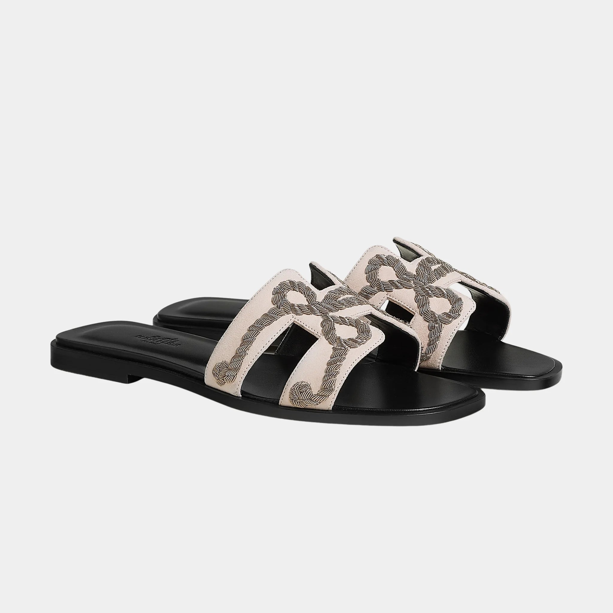 Hermes Oran Sandal in Suede Goatskin and Dabka, Rose Palomino, Front
