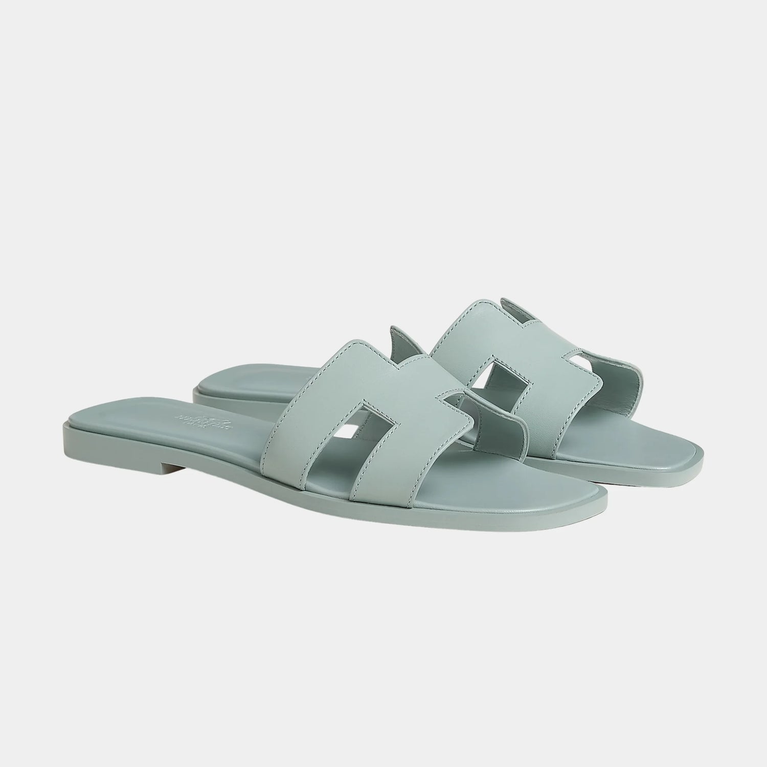 Hermes Oran Sandals in Calfskin with Iconic H Cutout, Bleu Glacier, Front
