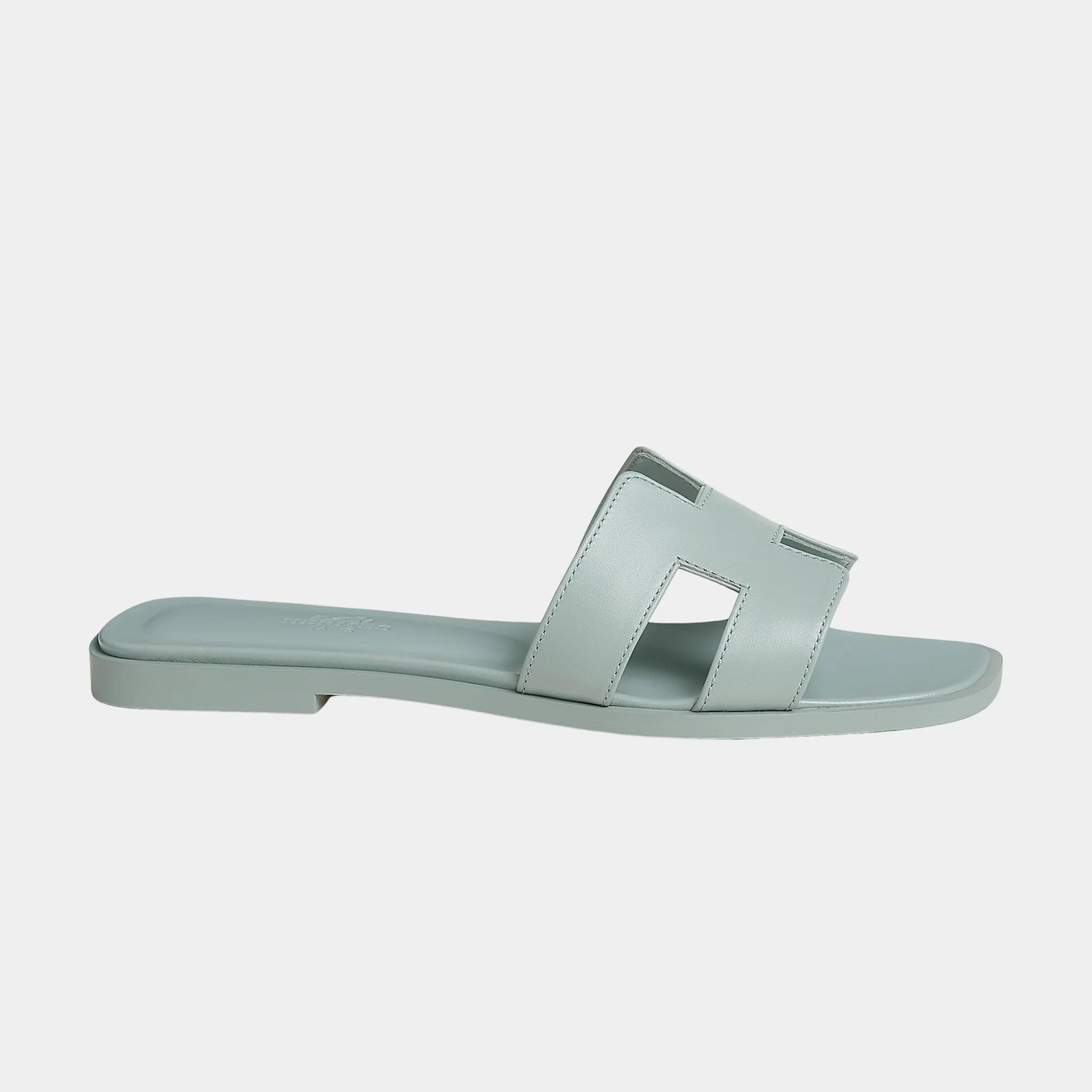 Hermes Oran Sandals in Calfskin with Iconic H Cutout, Bleu Glacier, Side