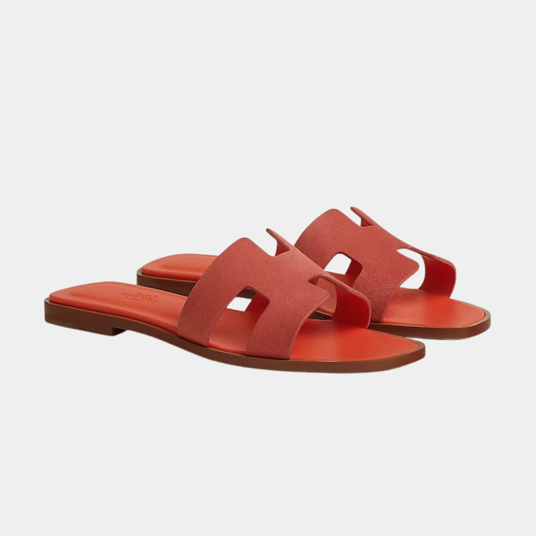 Hermes Oran Sandals in Duo Tone Suede Goatskin, Rose Anqtique, Orange H, Front