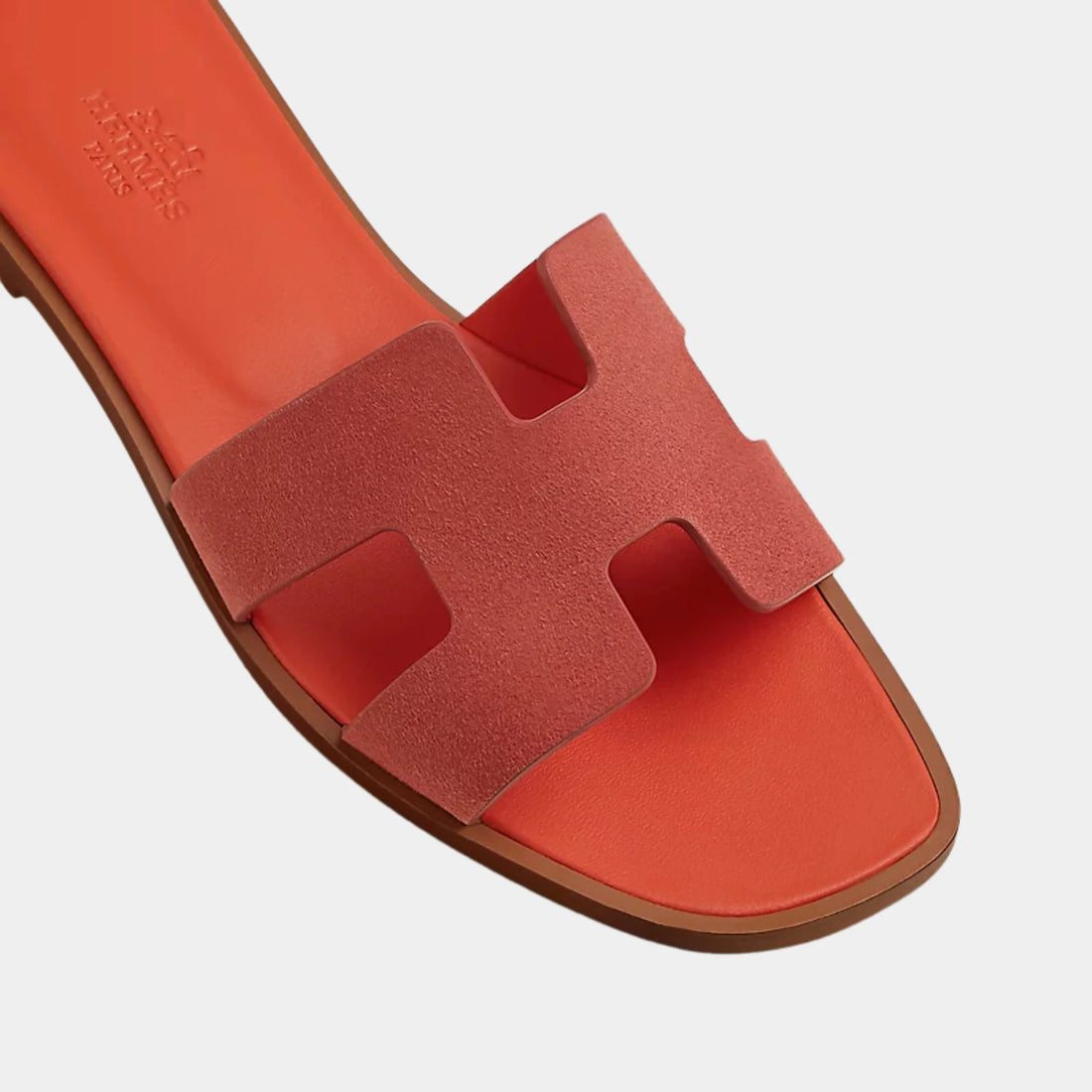 Hermes Oran Sandals in Duo Tone Suede Goatskin, Rose Anqtique, Orange H, Top