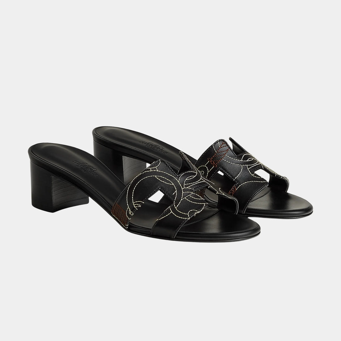 Hermes Oran Sandals in Equestrian Panoply Embroidered Calfskin, Noir, Front