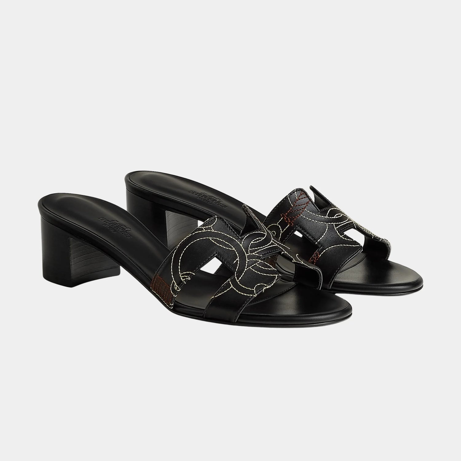 Hermes Oran Sandals in Equestrian Panoply Embroidered Calfskin, Noir, Front