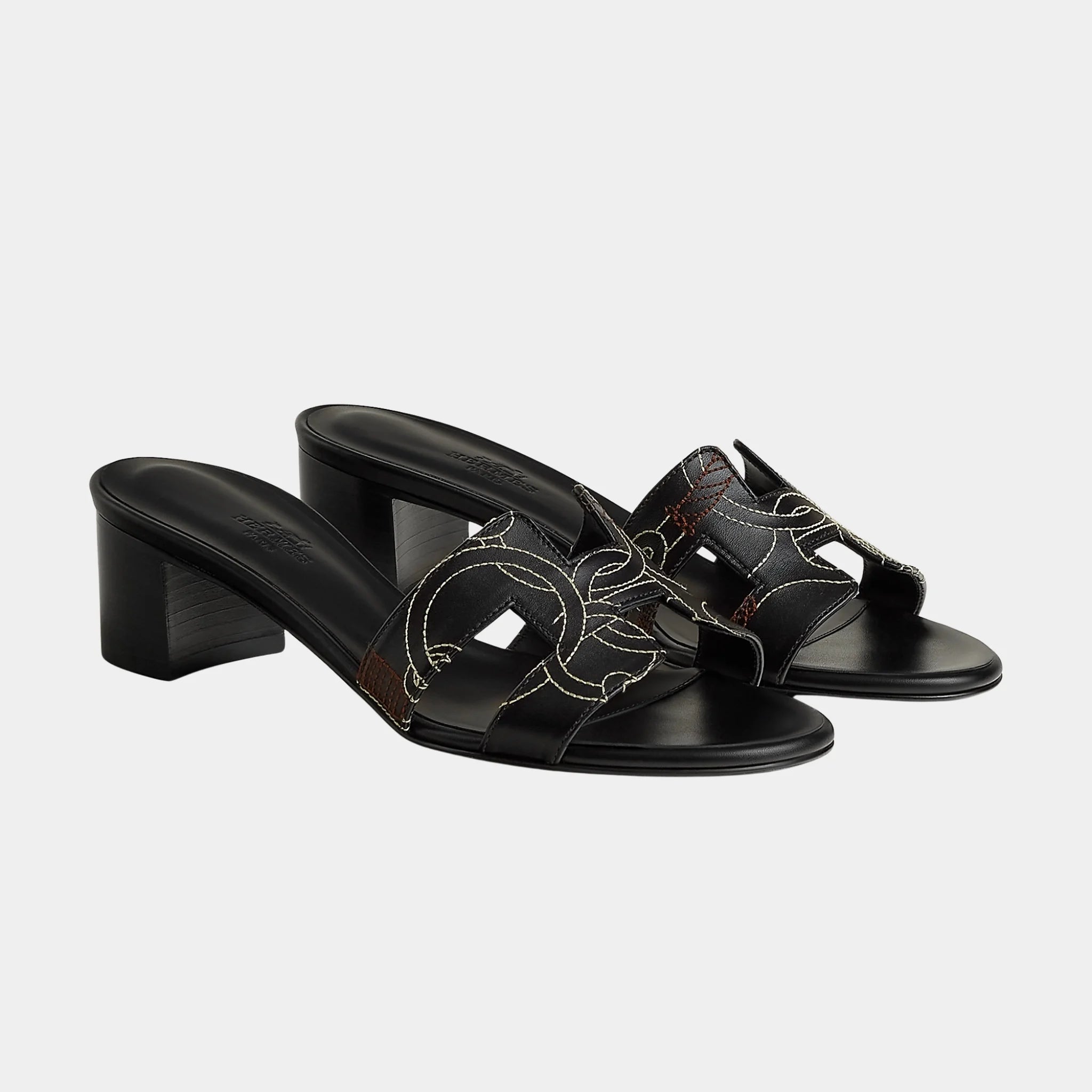 Hermes Oran Sandals in Equestrian Panoply Embroidered Calfskin, Noir, Front