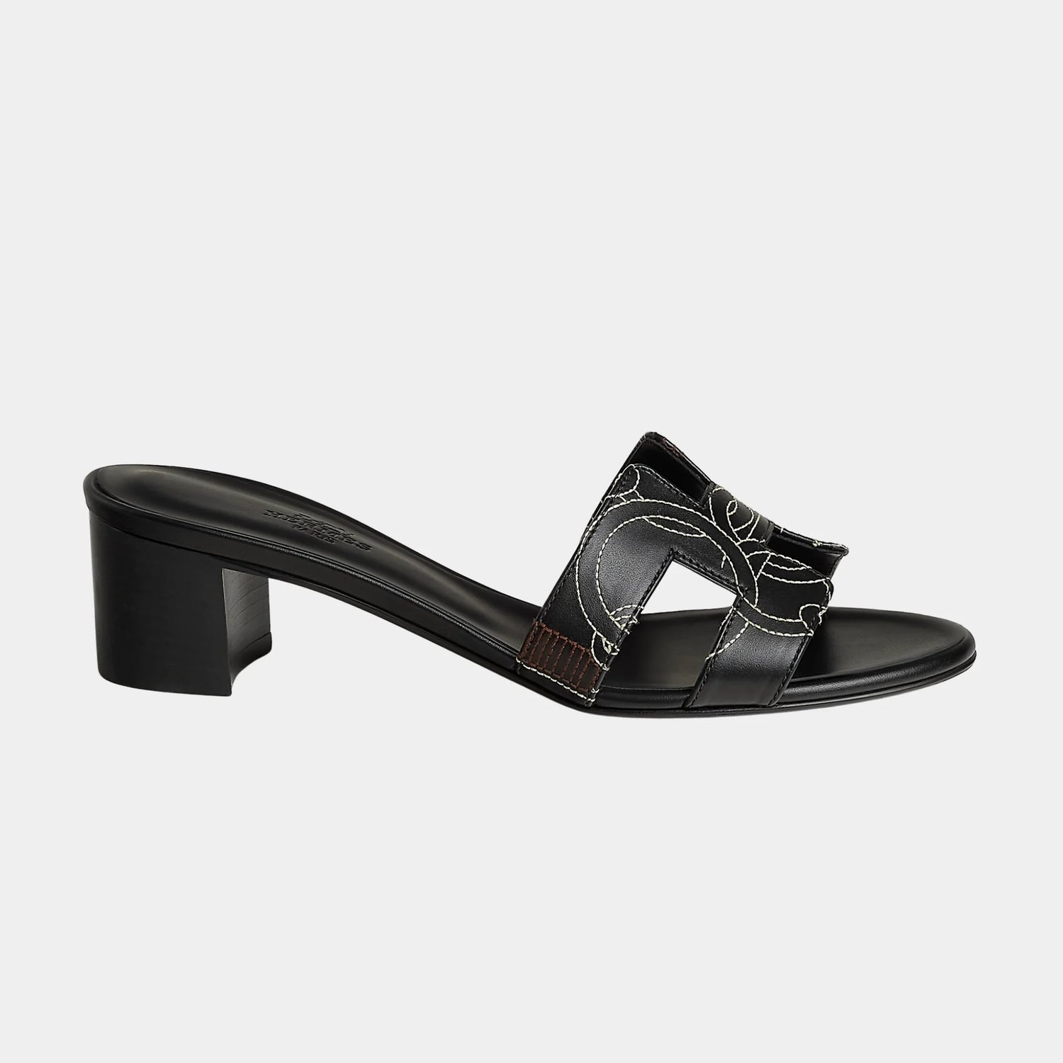 Hermes Oran Sandals in Equestrian Panoply Embroidered Calfskin, Noir, Side
