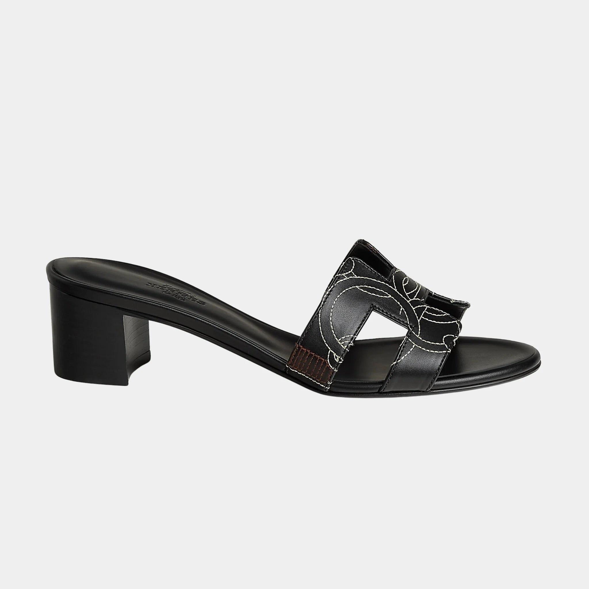 Hermes Oran Sandals in Equestrian Panoply Embroidered Calfskin, Noir, Side