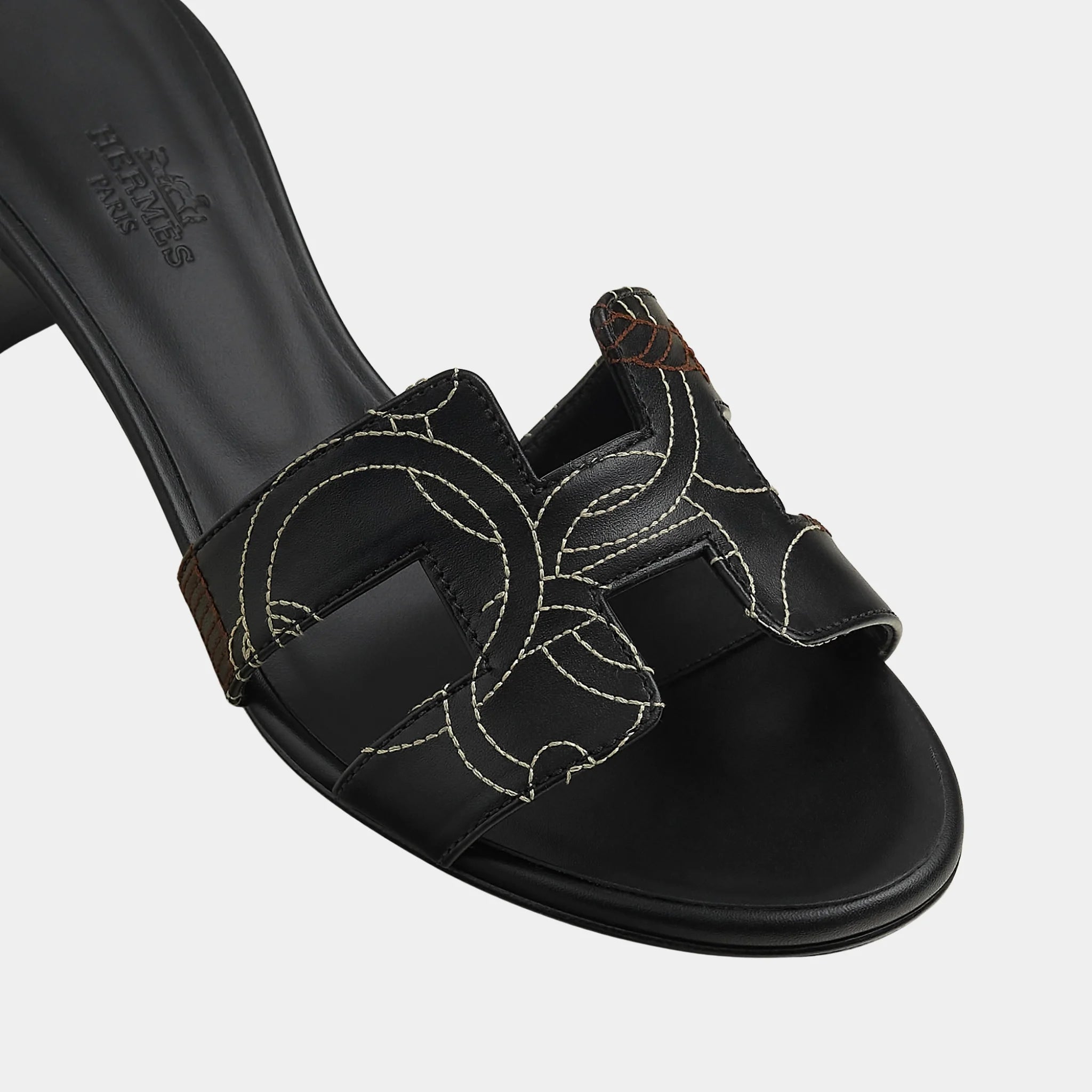Hermes Oran Sandals in Equestrian Panoply Embroidered Calfskin, Noir, Top
