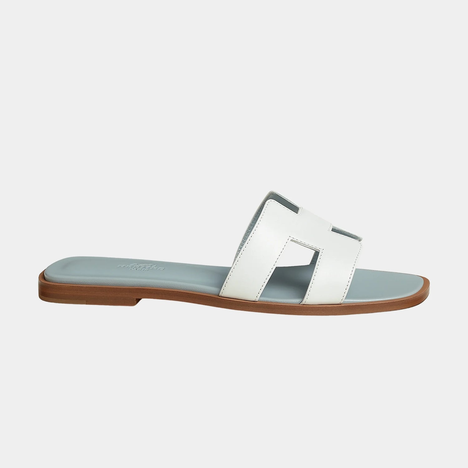 Hermes Oran Sandals In Calfskin, Blanc, Bleu Glacier, Side