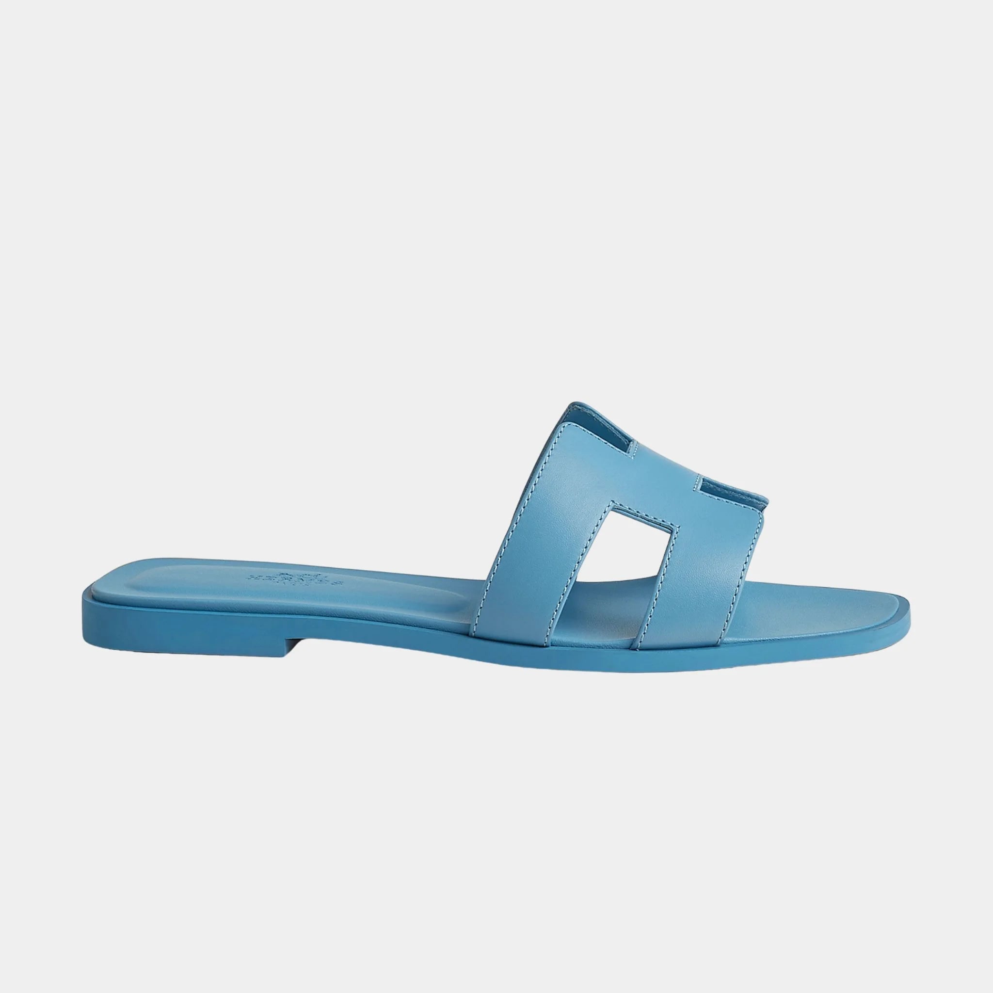Hermes Oran Sandals In Calfskin, Bleu Cameo, Side