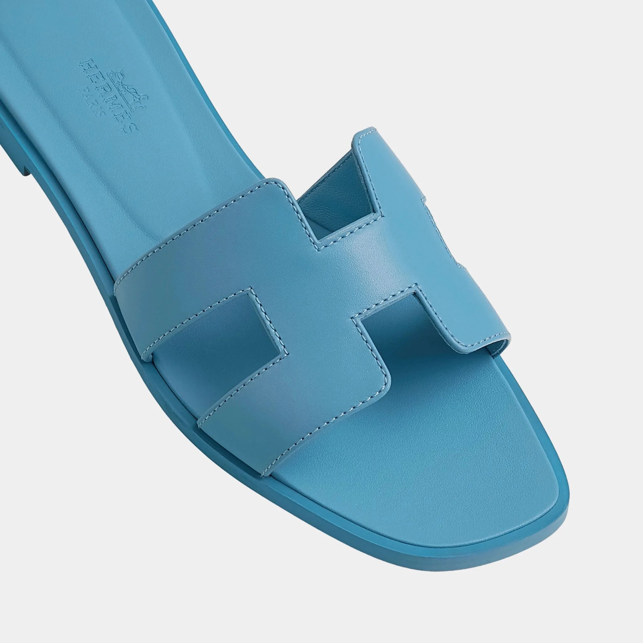 Hermes Oran Sandals In Calfskin, Bleu Cameo, Top