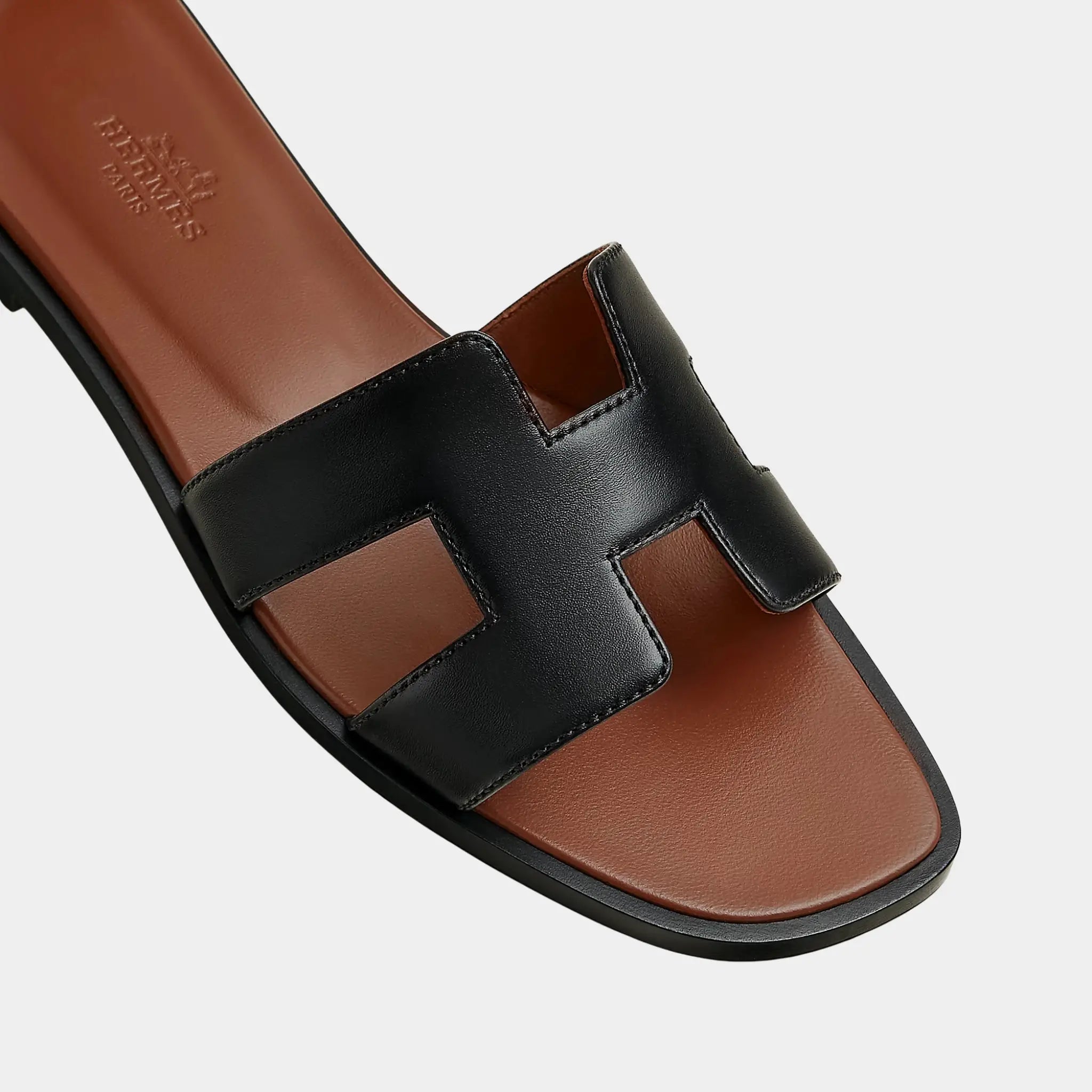 Hermes Oran Sandals In Calfskin, Noir, Gold, Top