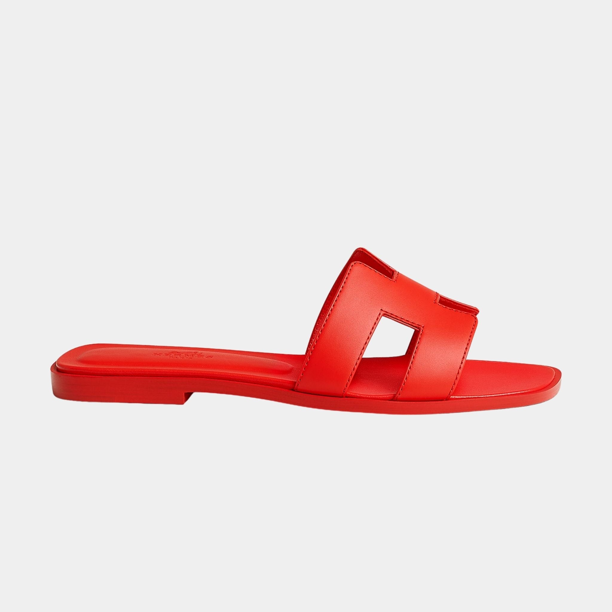 Hermes Oran Sandals In Calfskin, Rouge Grenadice, Side