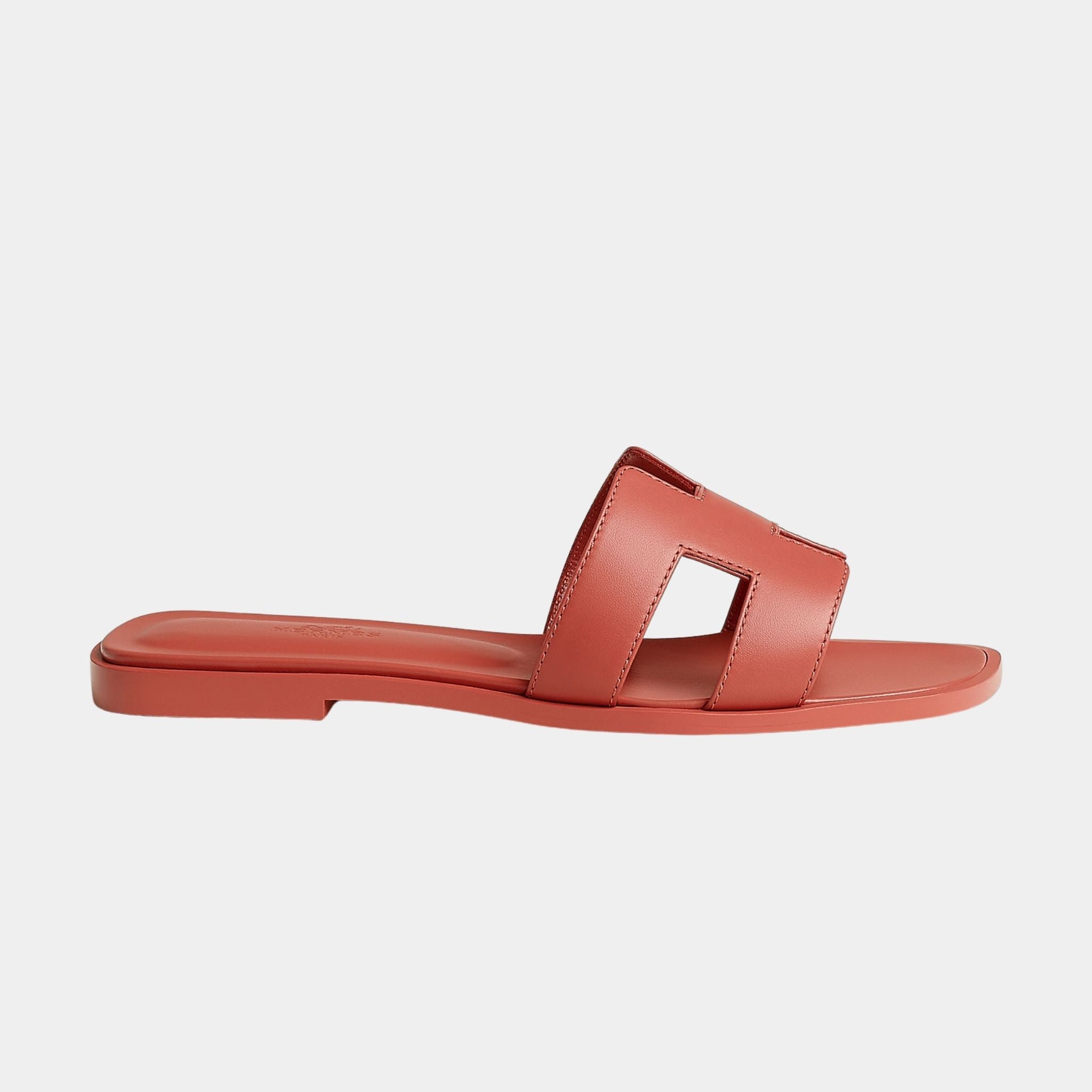 Hermes Oran Sandals In Calfskin, Roug Tomette, Side