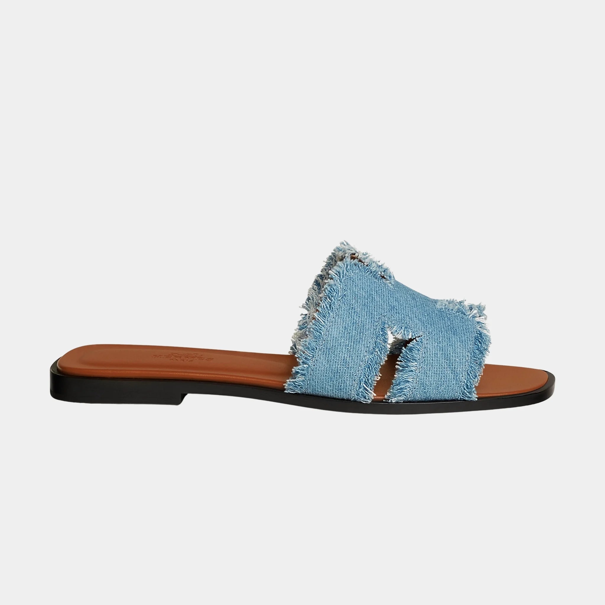 Hermes Oran Sandals in Maxi Fringed Denim, Bleu Clair, Side