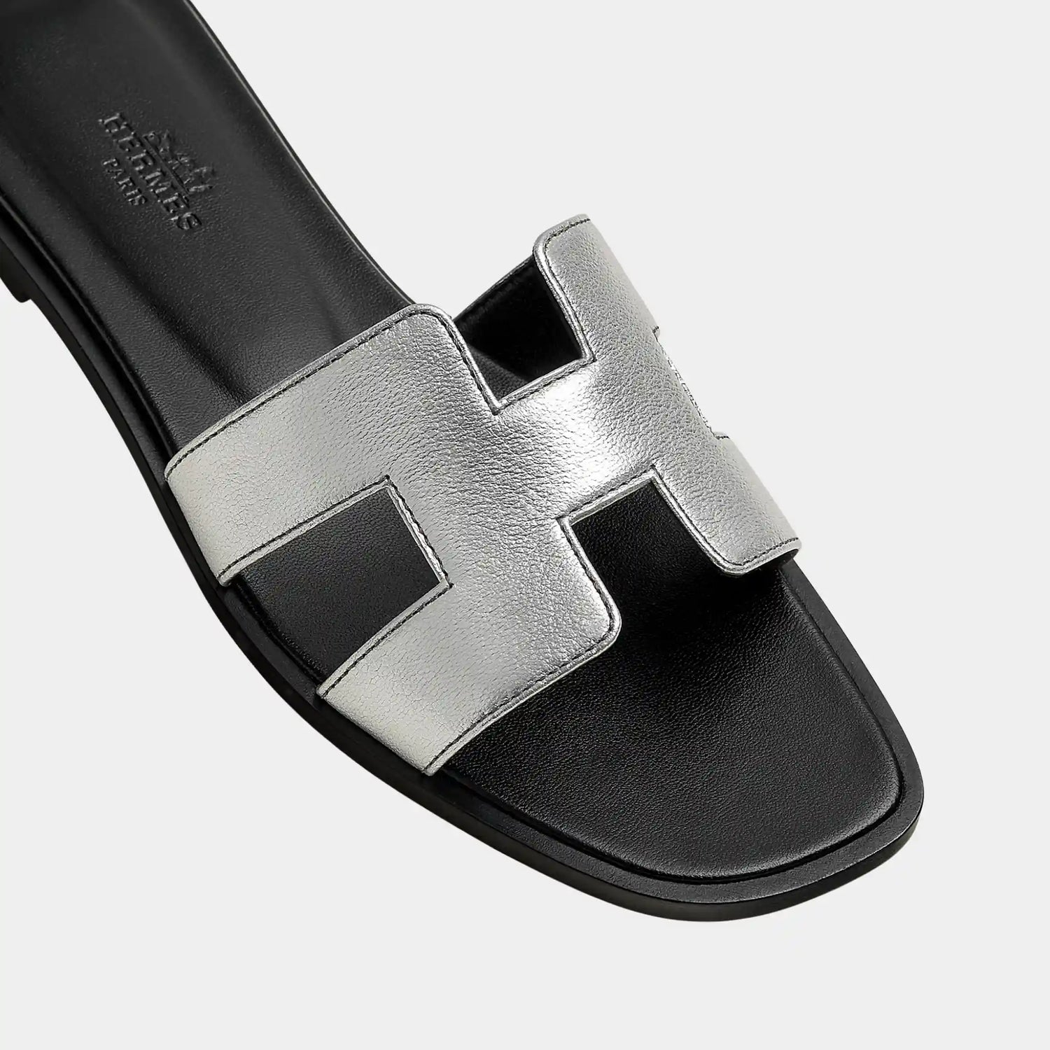 Hermes Oran Sandals in Metallic Goatskin, Gris Argente, Top