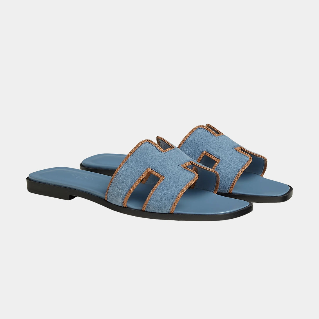 Hermes Oran Sandals in Suede and Braided Nappa Leather, Bleu Jean, Naturel, Front