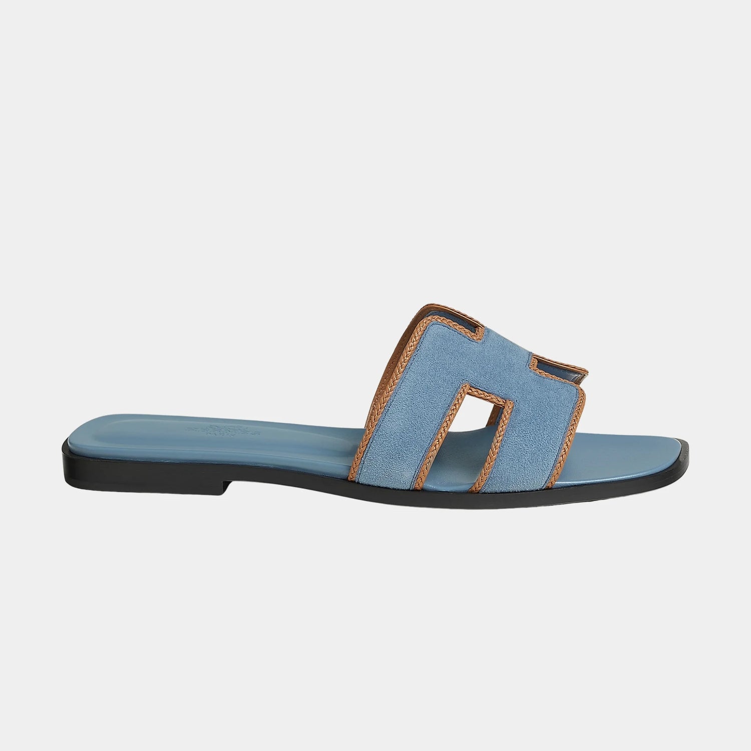Hermes Oran Sandals in Suede and Braided Nappa Leather, Bleu Jean, Naturel, Side