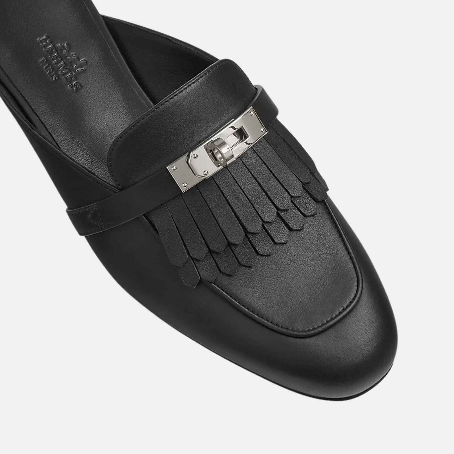 Hermes Oz Mule Fringed Calfskin PHW, Top, Black