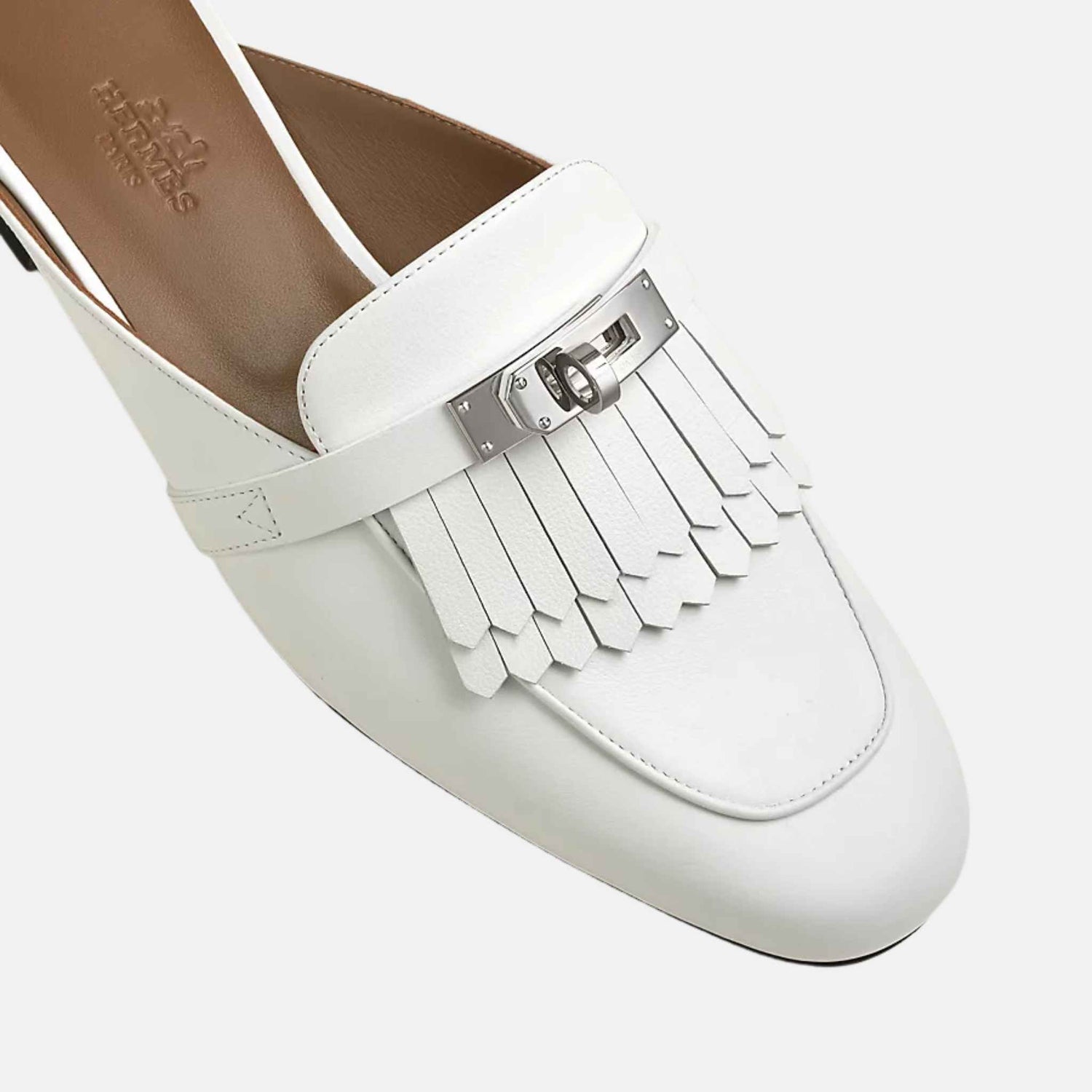 Hermes Oz Mule Fringed Calfskin PHW, Top, White