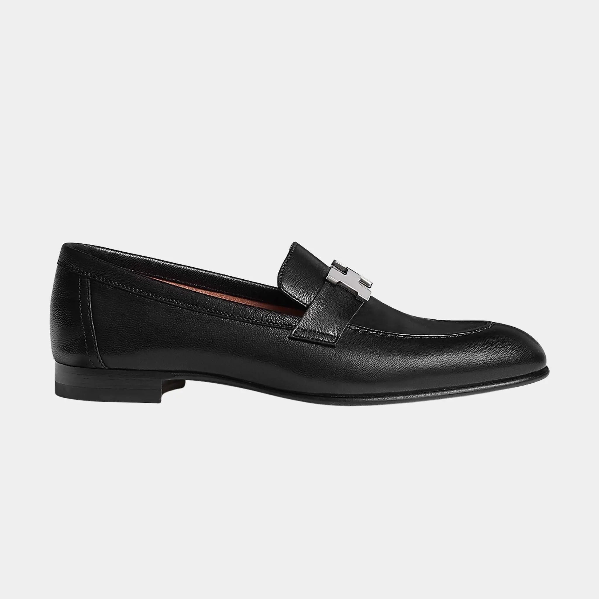 Hermes Paris Loafer in Goatskin with Palladium Plated Buckle Women, Noir, Side