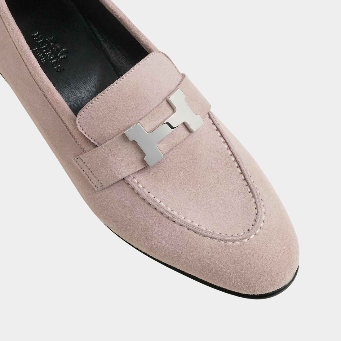 Hermes Paris Loafer in Suede Goatskin with Palladium Plated Buckle Top, Rose Porcelaine, Top