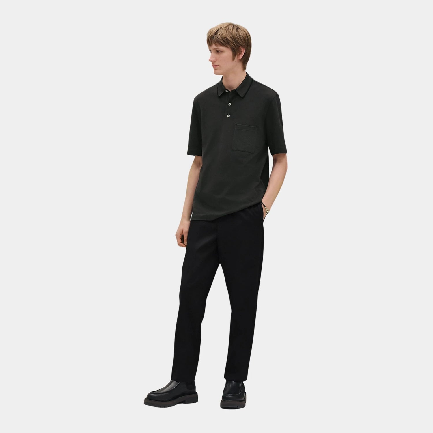 Hermes Piqures sellier Short-sleeve Polo Shirt in Cotton, Vert Chrome, Front