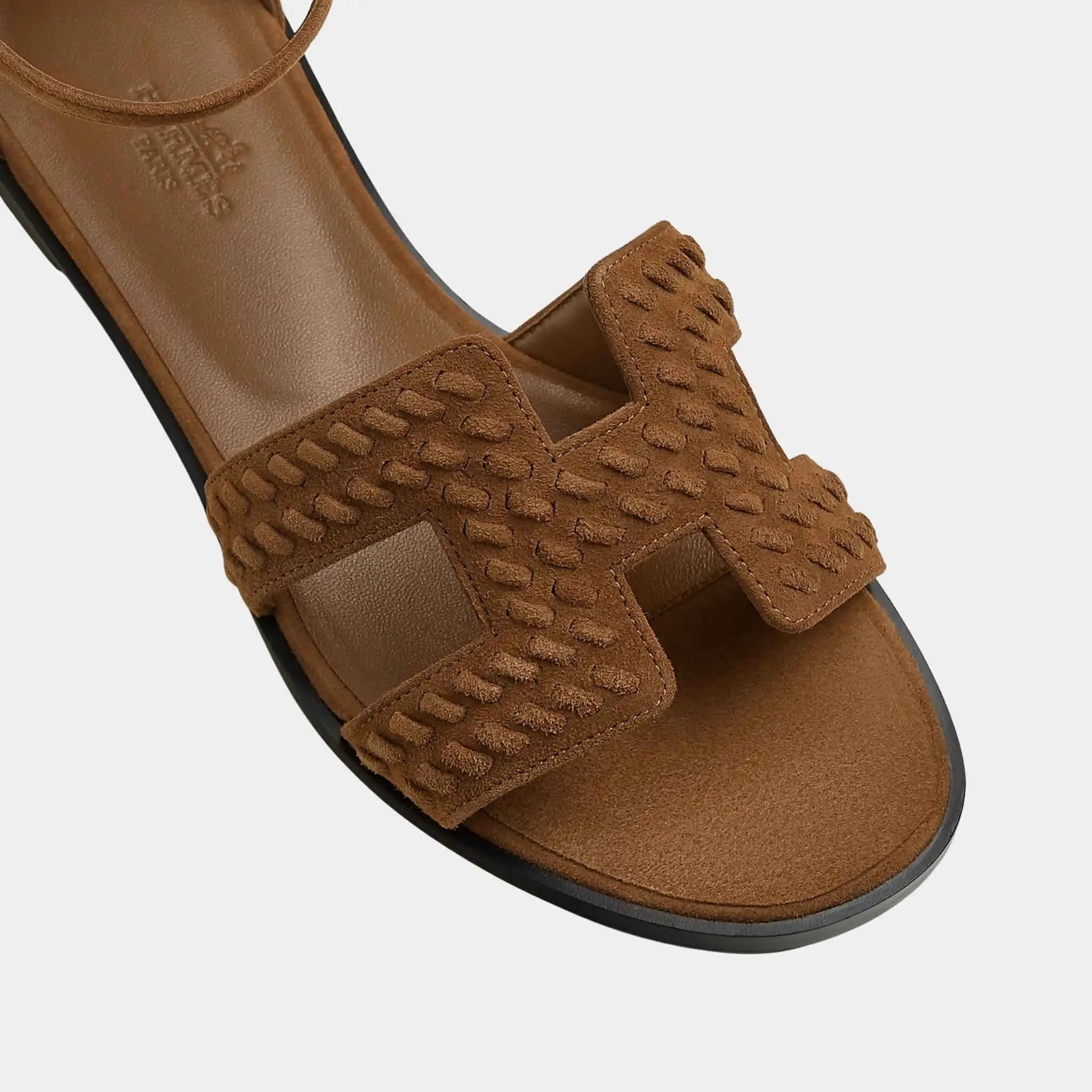 Hermes Santorini Sandal Braided Suede Goatskin, Brun Fume, Top