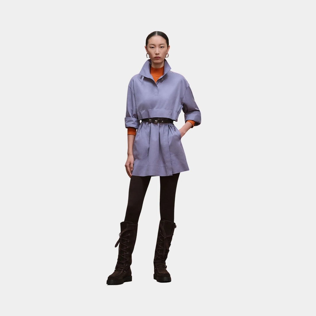 Hermes Short Polo Dress in Cotton Twill, Violet Lilas, Front