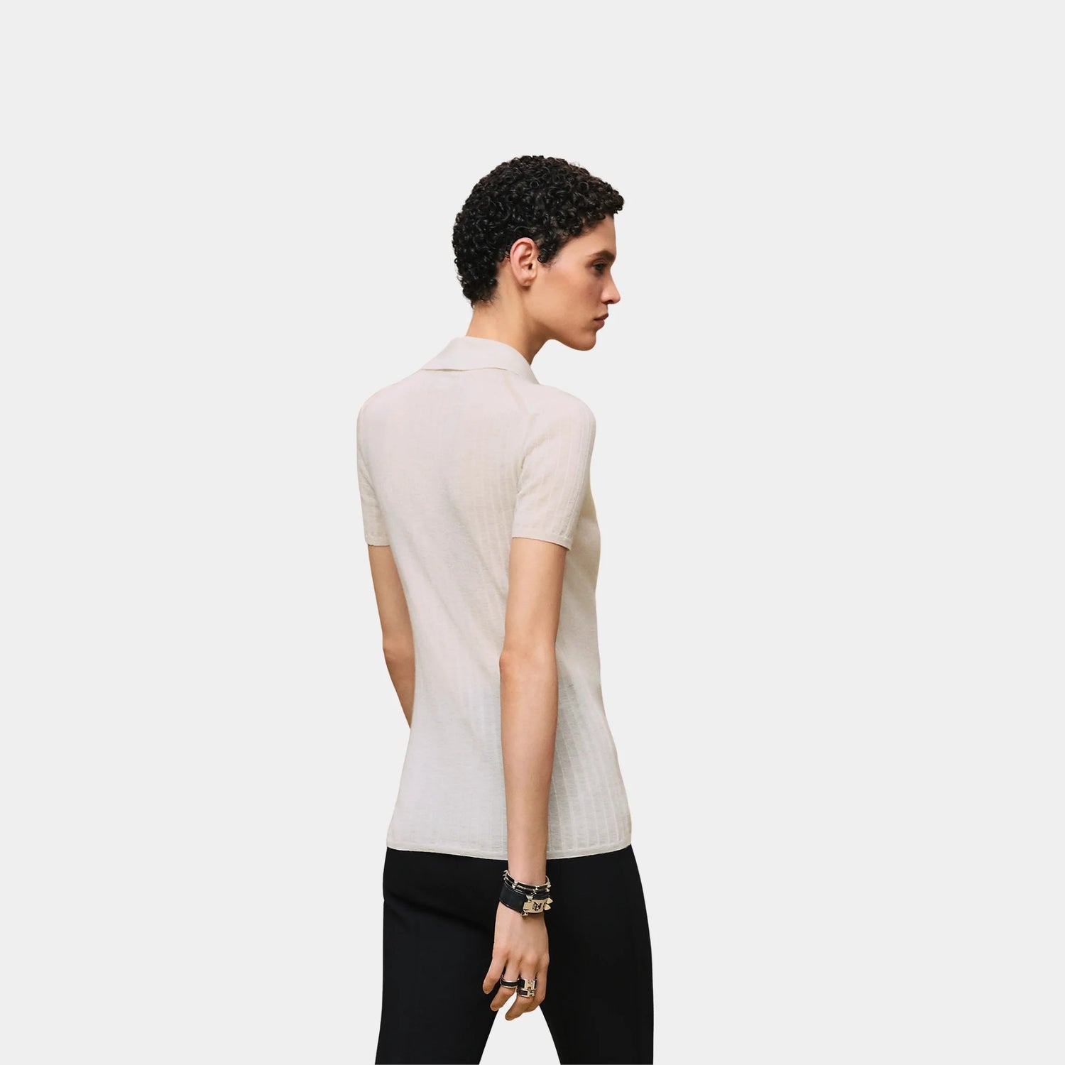 Hermes Short-sleeve Polo Shirt in Cashmere and Silk, Blanc Naturel, Back