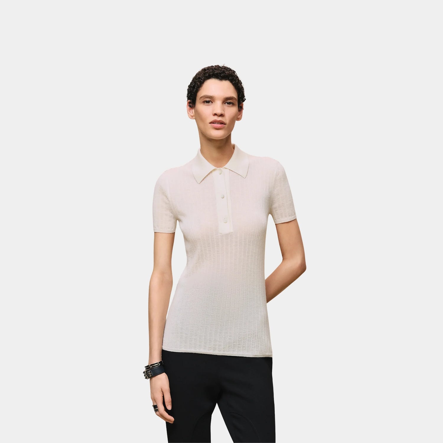 Hermes Short-sleeve Polo Shirt in Cashmere and Silk, Blanc Naturel, Front