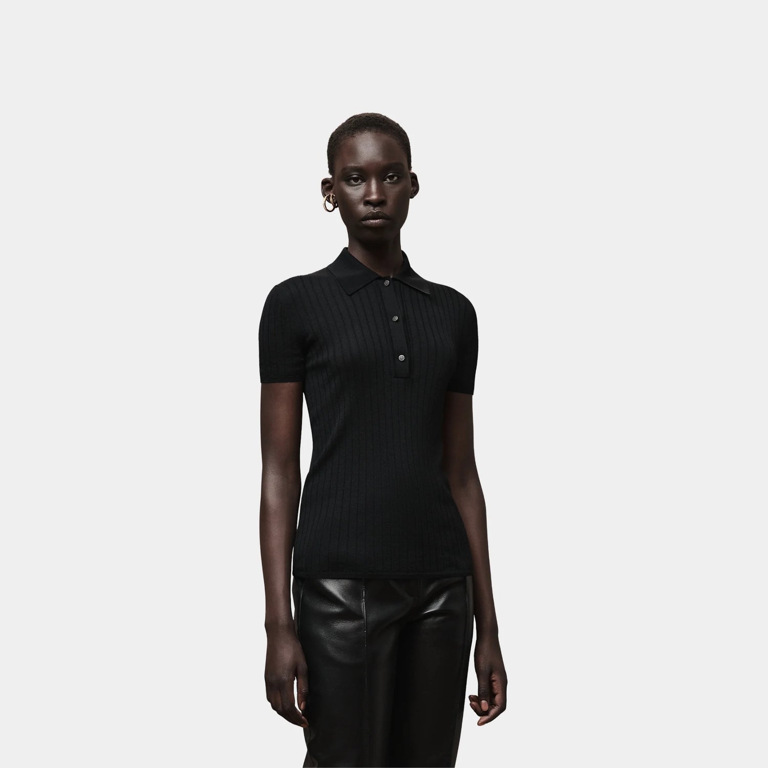 Hermes Short-sleeve Polo Shirt in Cashmere and Silk, Noir, Front