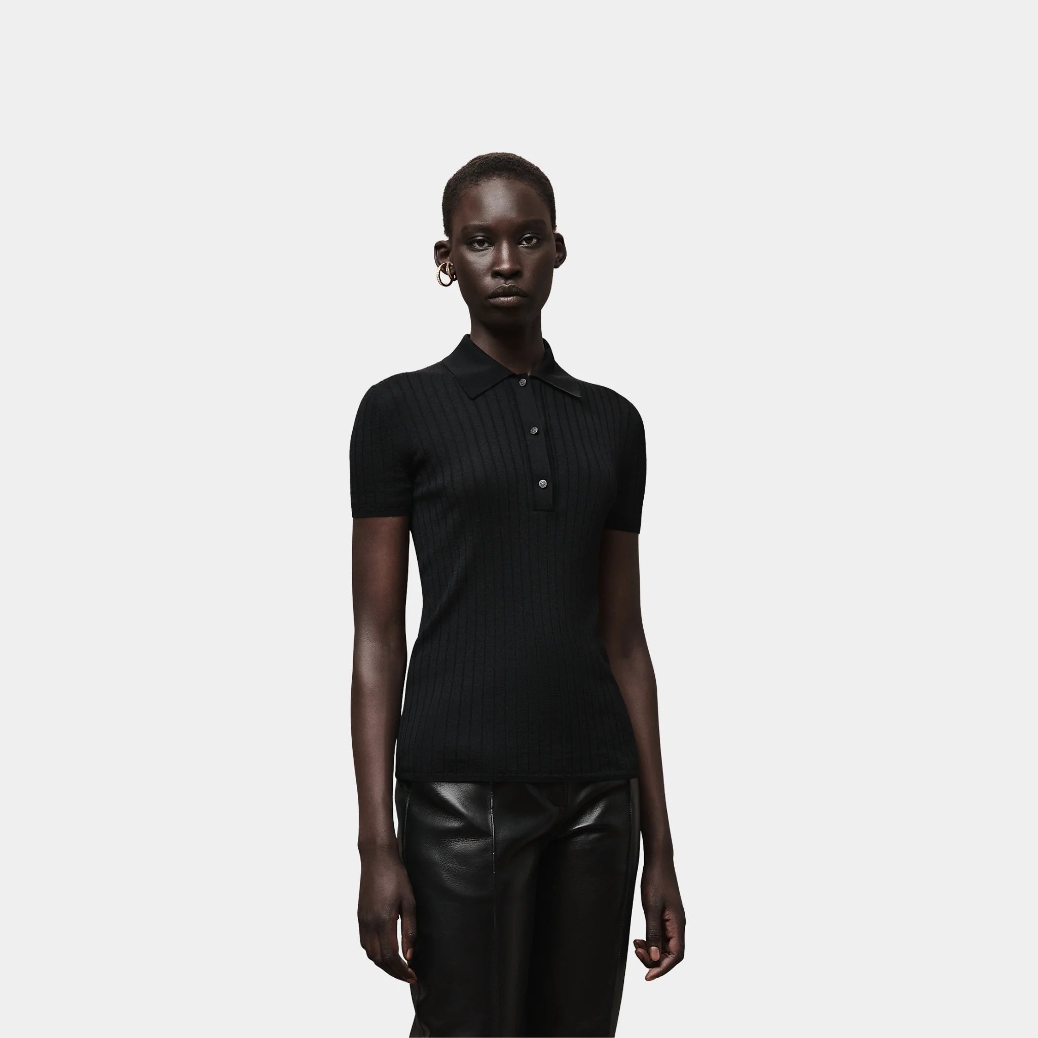 Hermes Short-sleeve Polo Shirt in Cashmere and Silk, Noir, Front
