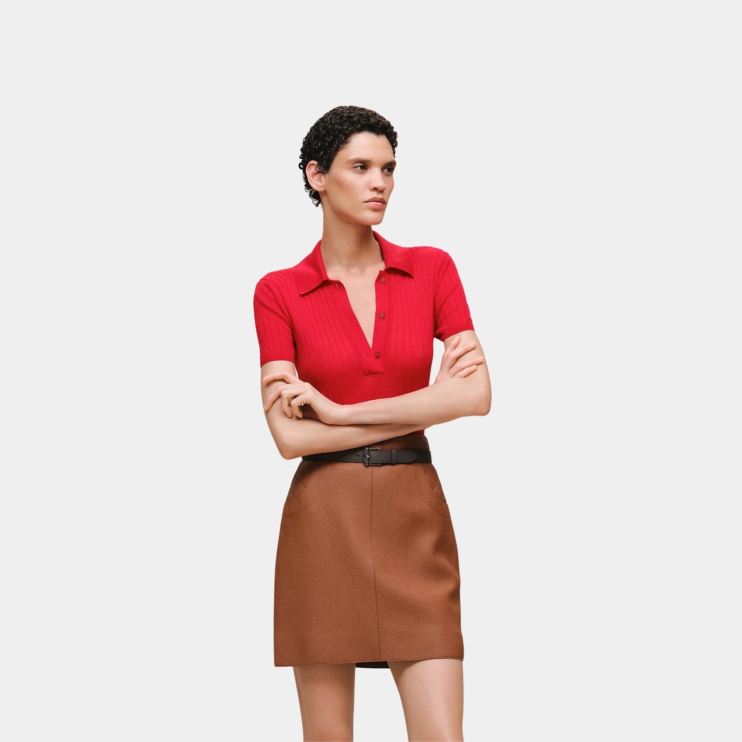 Hermes Short-sleeve Polo Shirt in Cashmere and Silk, Rouge Amazone, Front