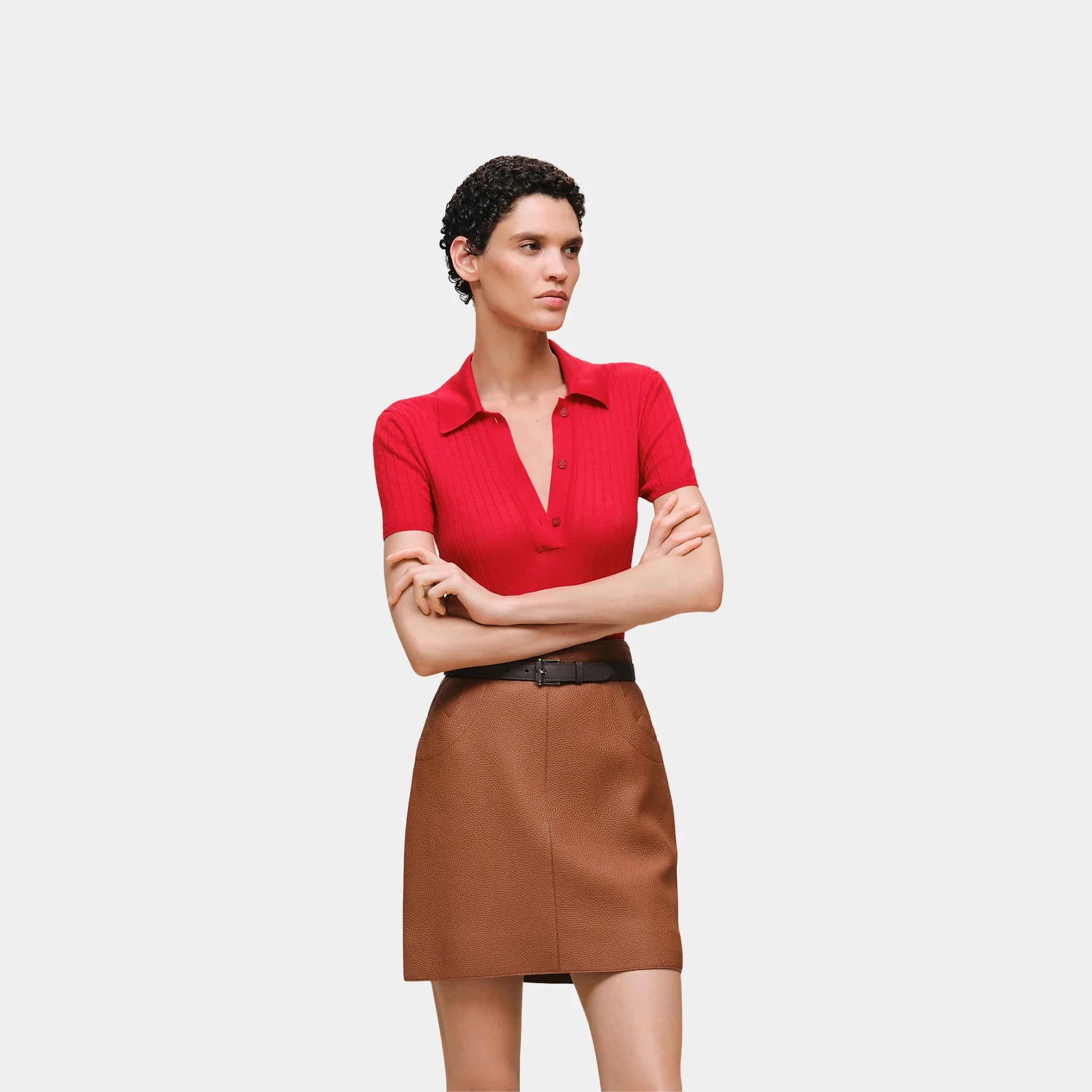 Hermes Short-sleeve Polo Shirt in Cashmere and Silk, Rouge Amazone, Front
