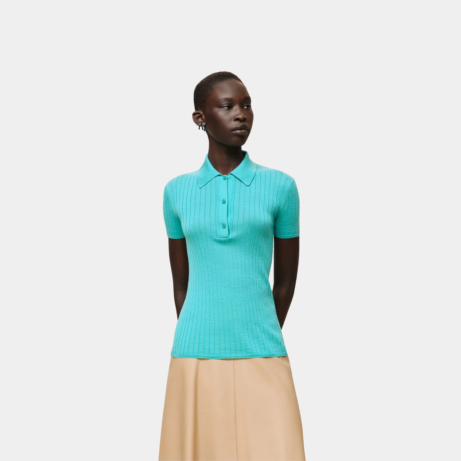 Hermes Short-sleeve Polo Shirt in Cashmere and Silk, Vert Menthe, Front