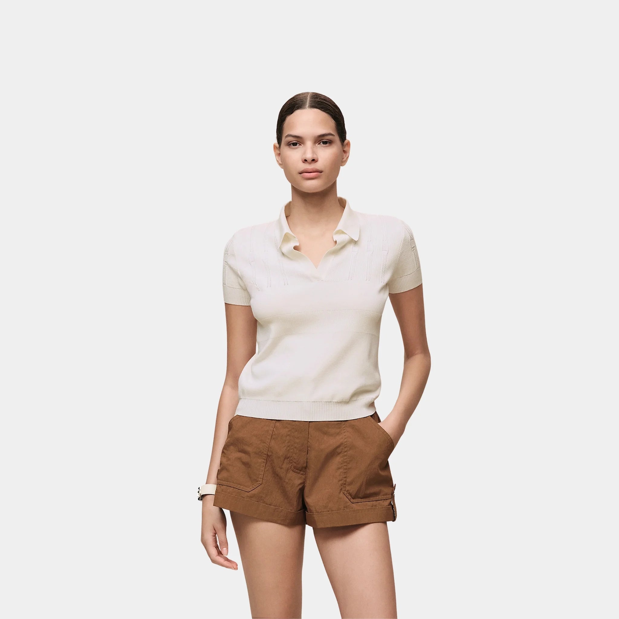 Hermes Short-sleeve Polo Shirt in Silk Textured Knit and Cotton, Blanc Naturel, Front