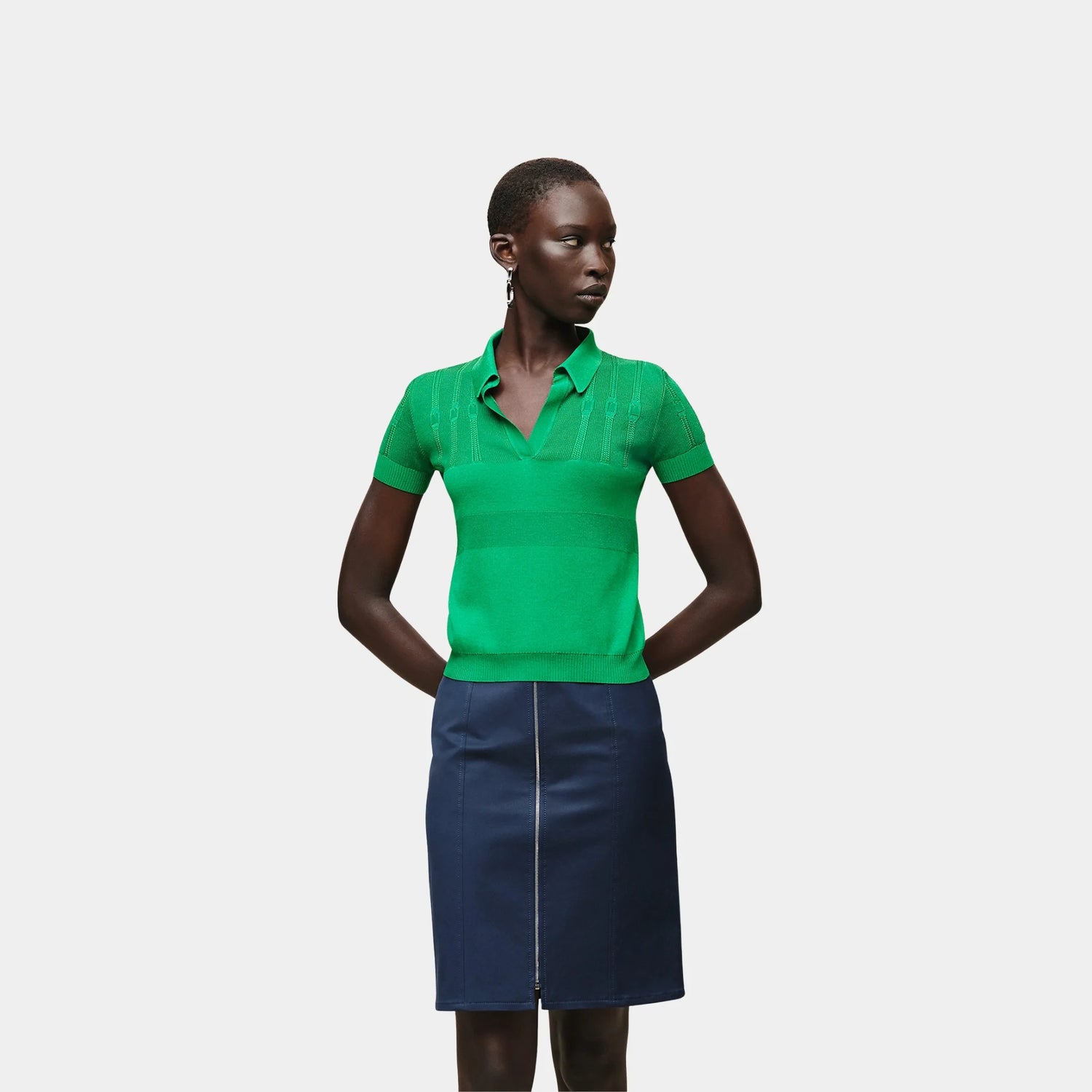 Hermes Short-sleeve Polo Shirt in Silk Textured Knit and Cotton, Vert Jungle, Front