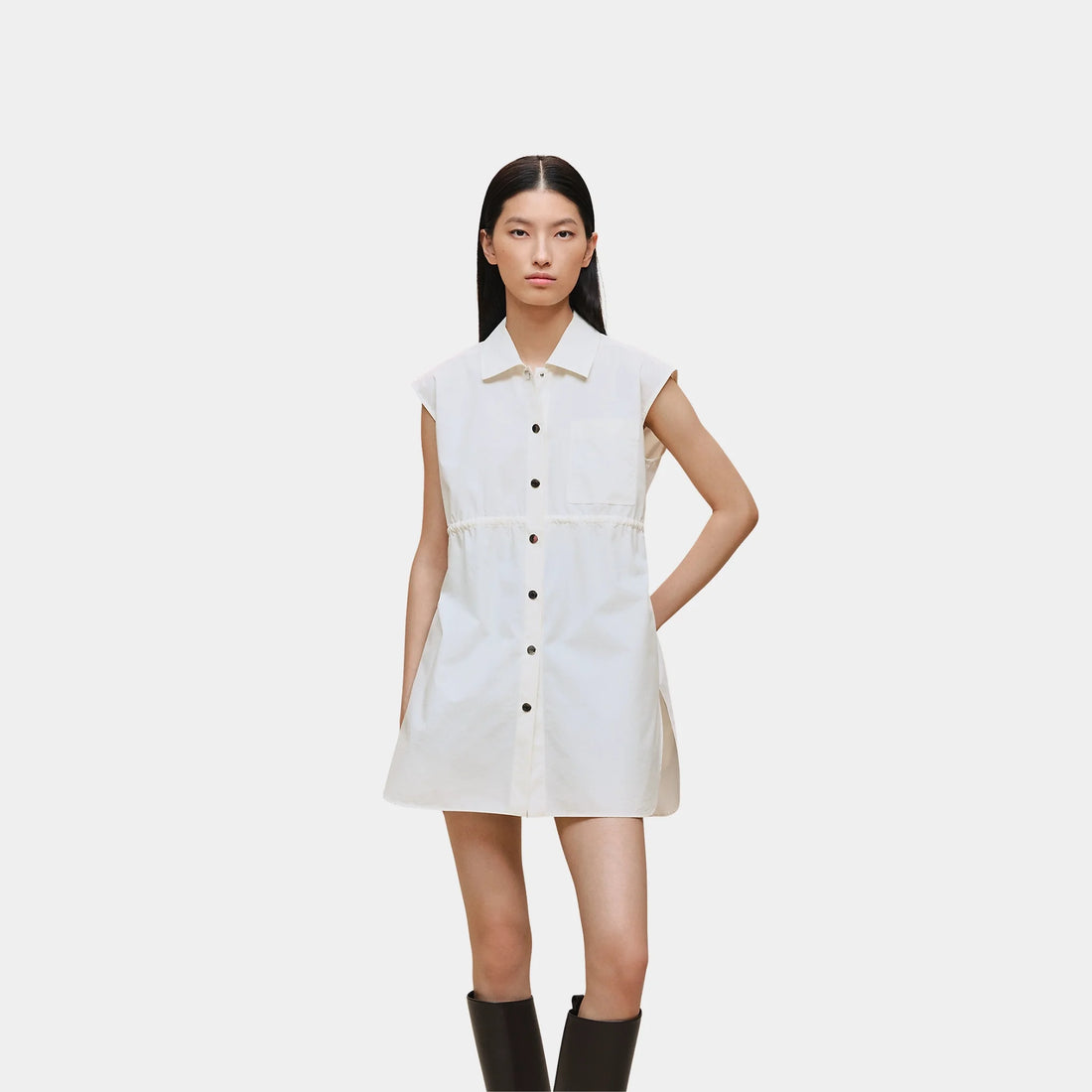 Hermes Sleeveless Drawstring Shirt in Technical Cotton, Blanc Casse, Front