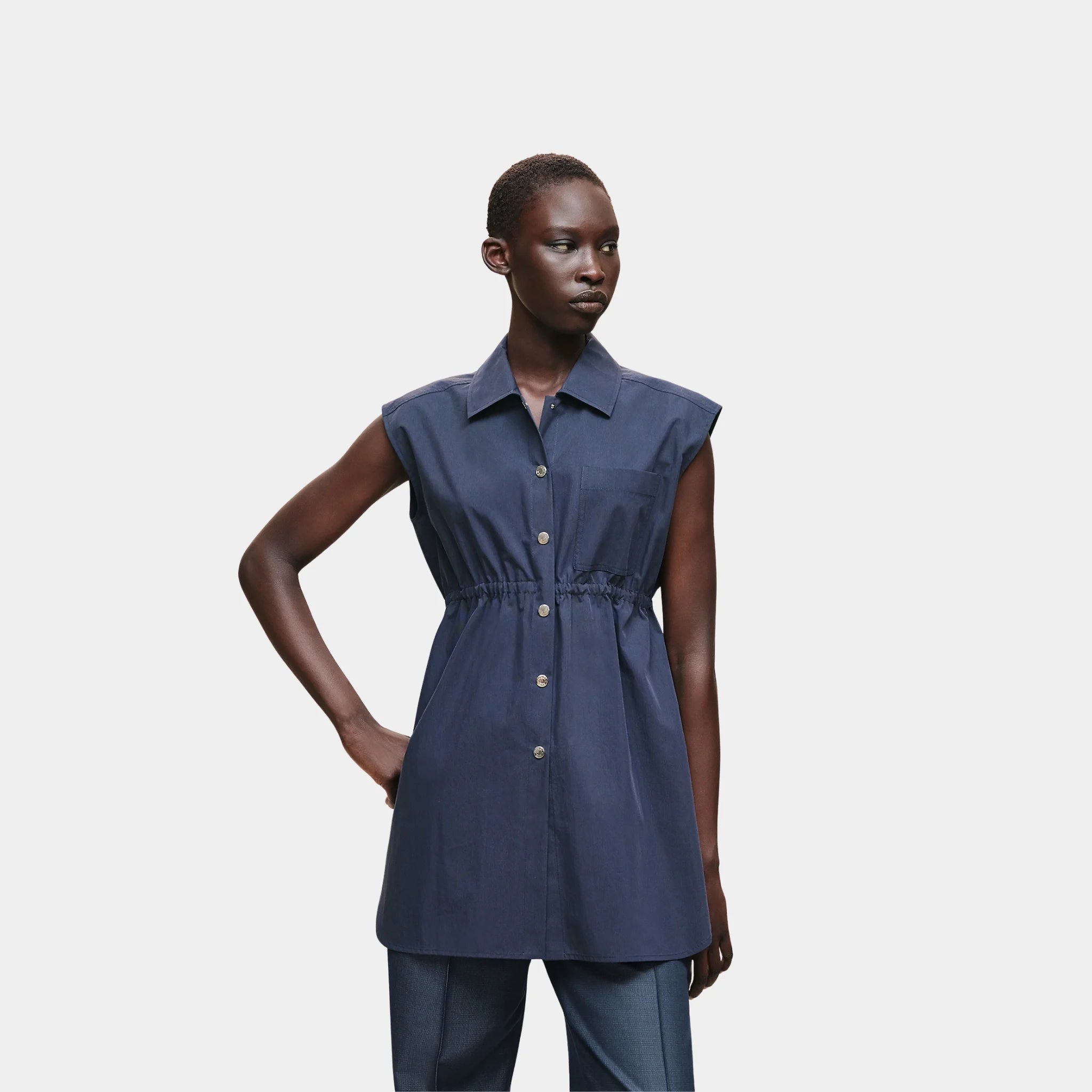 Hermes Sleeveless Drawstring Shirt in Technical Cotton, Bleu Outremer, Front