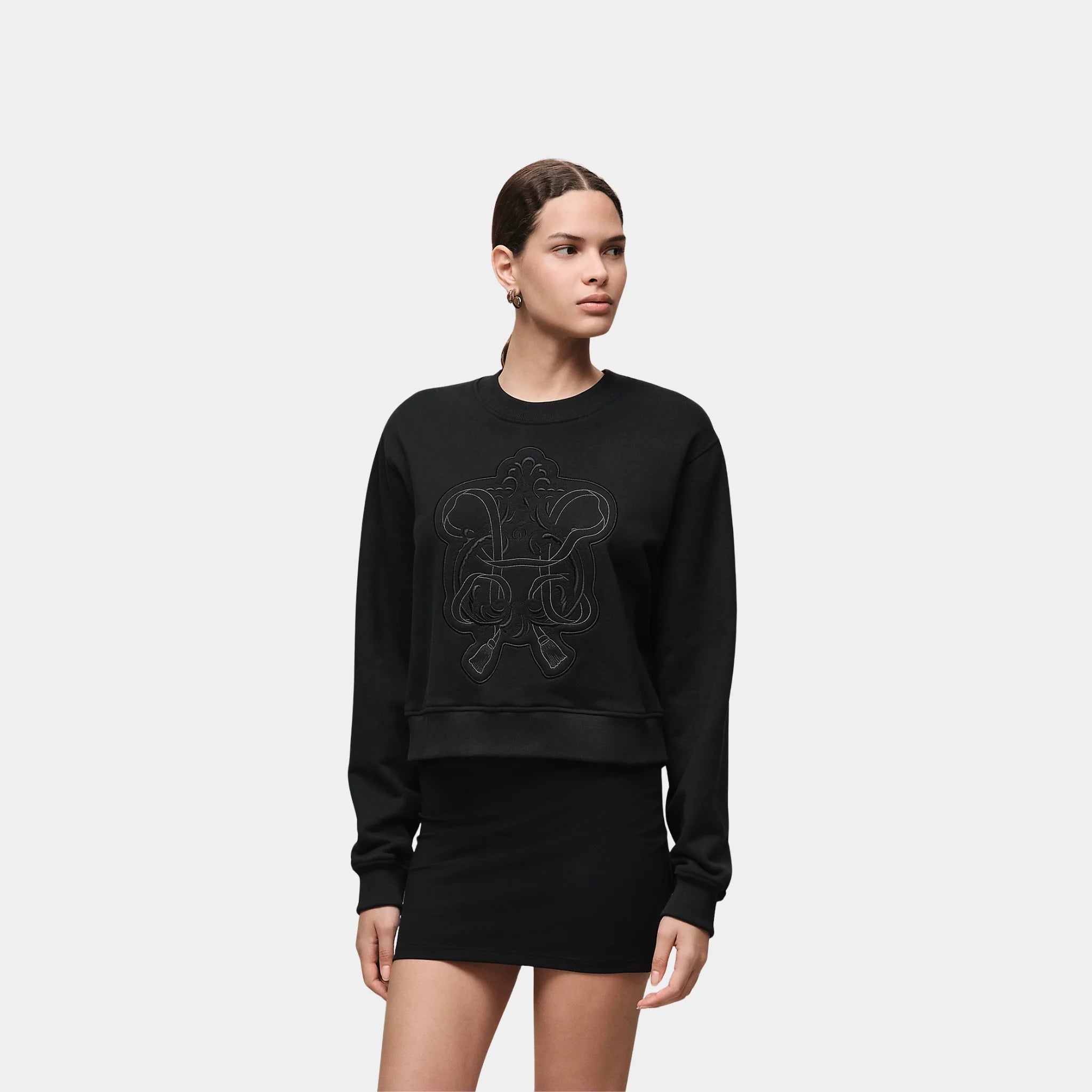 Hermes Sweatshirt with Embroidered Darts in Cotton Duffle and Silk, Noir, Front