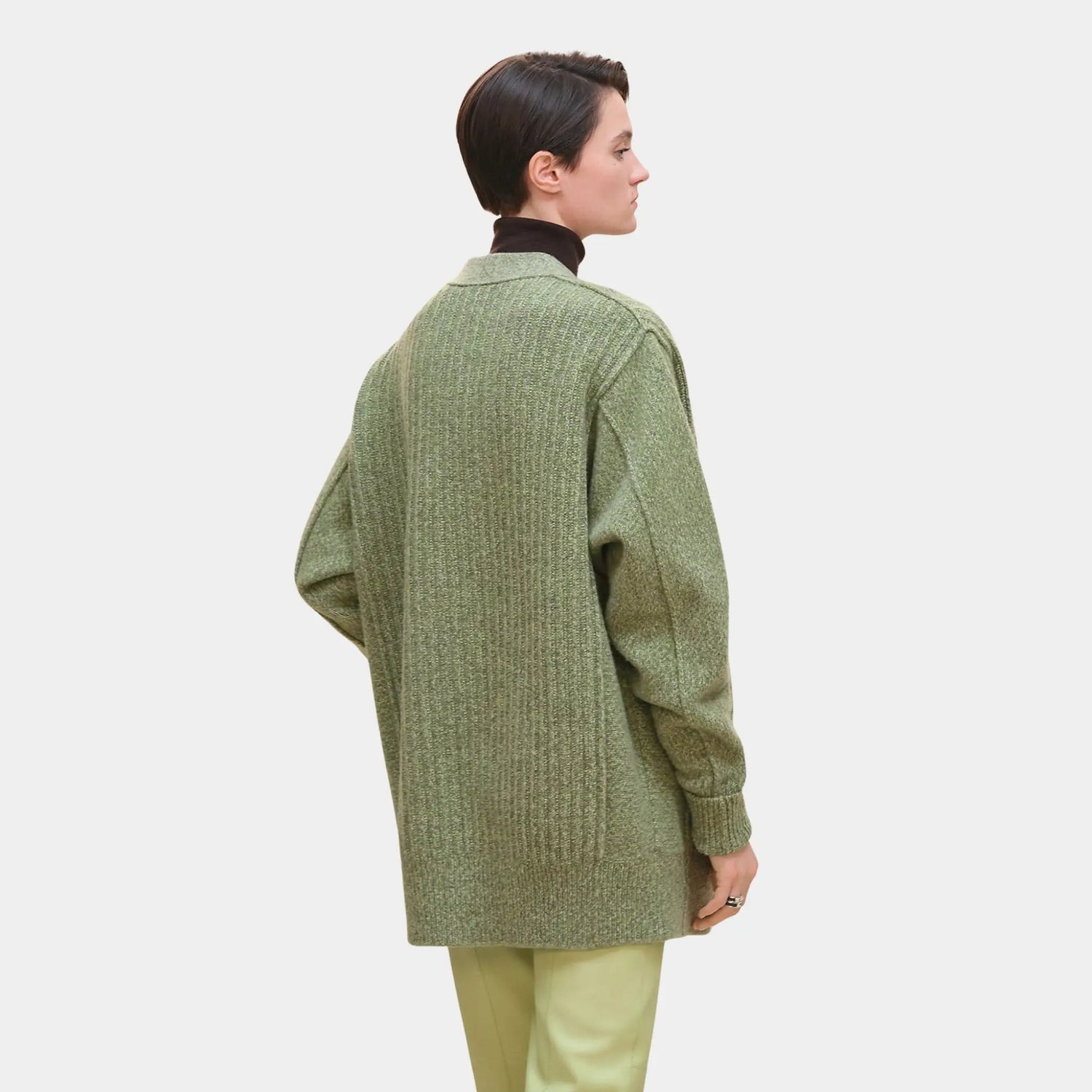 Hermes Thick Long-sleeved Cardigan in Scottish Wool, Vert Prairie, Back