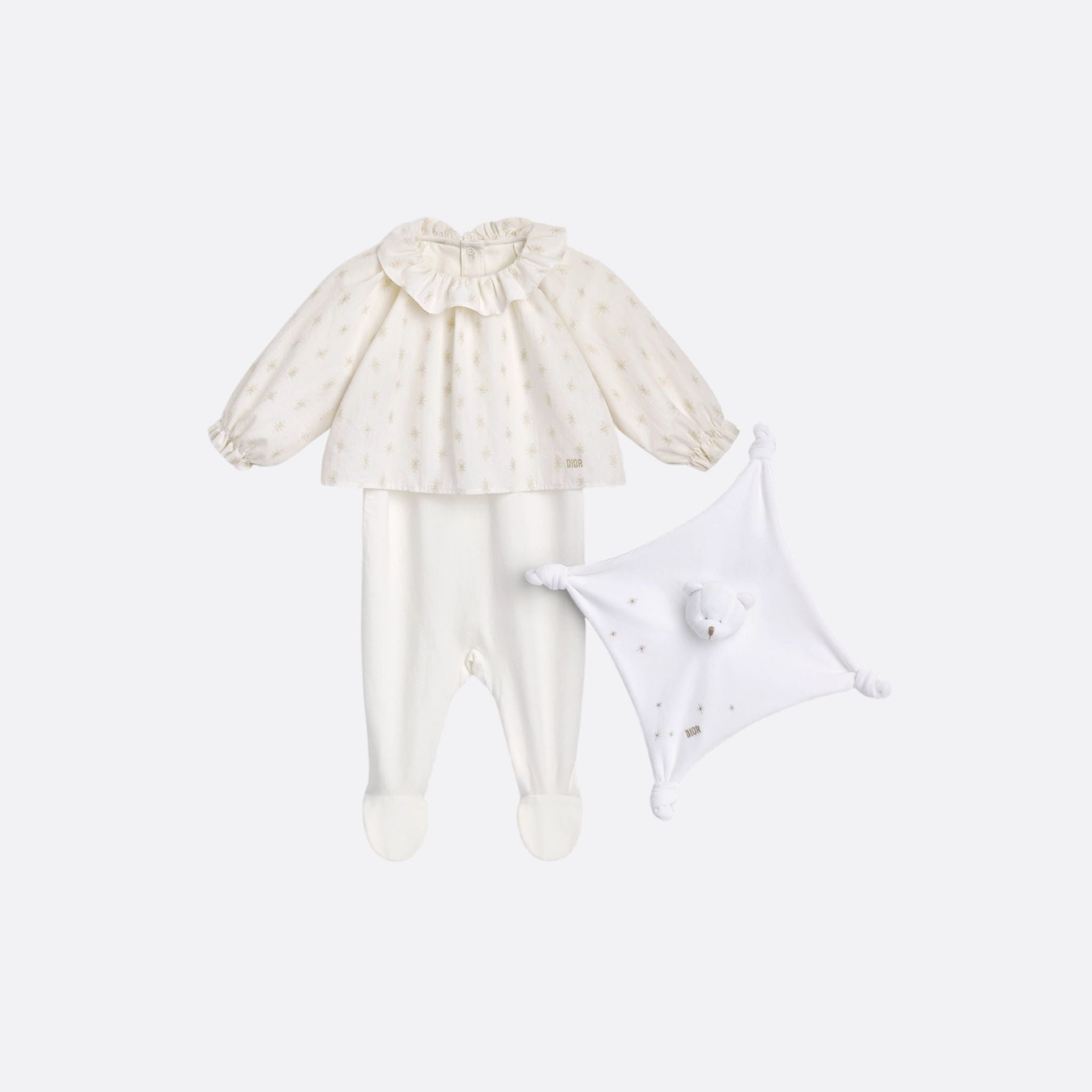 Dior Newborn Gift Set Ivory Jersey and Cotton with Gold-Tone Jacquard Star Motif, Set