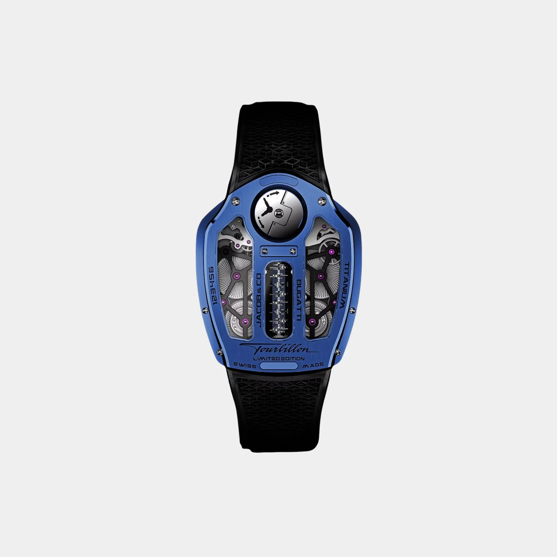Jacob & Co. Bugatti Tourbillon من التيتانيوم المطلي PVD أزرق، الخلفية