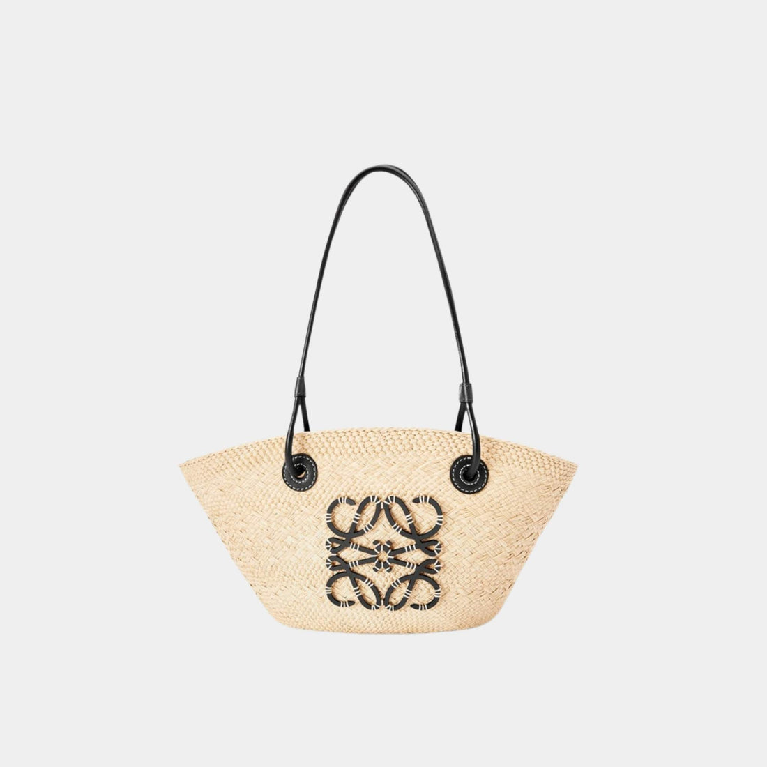 Loewe Small Anagram Basket Bag In Iraca Palm And Calfskin, Natural, Black, Front