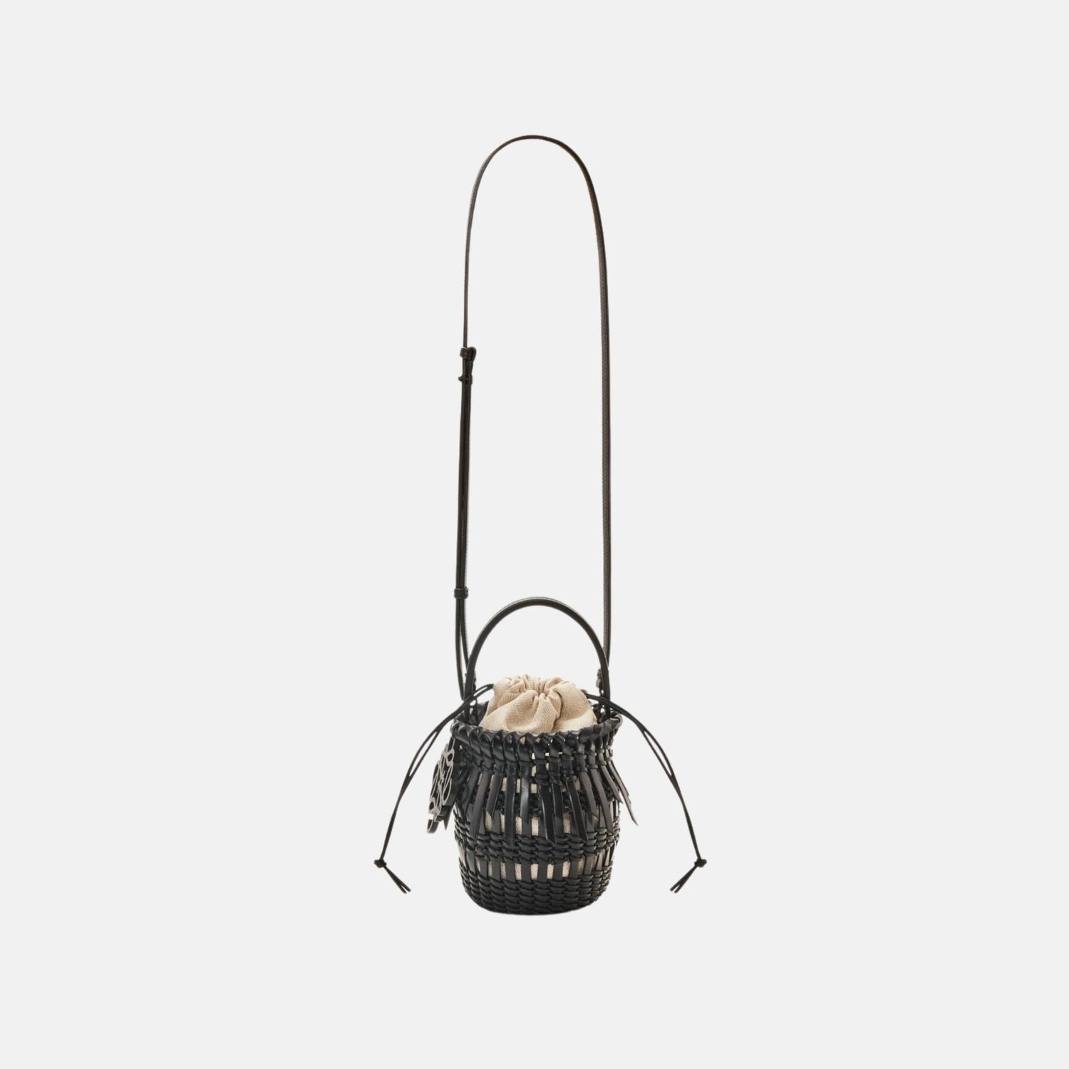 Loewe Small Fringe Bucket Bag in Calfskin, Black, Full